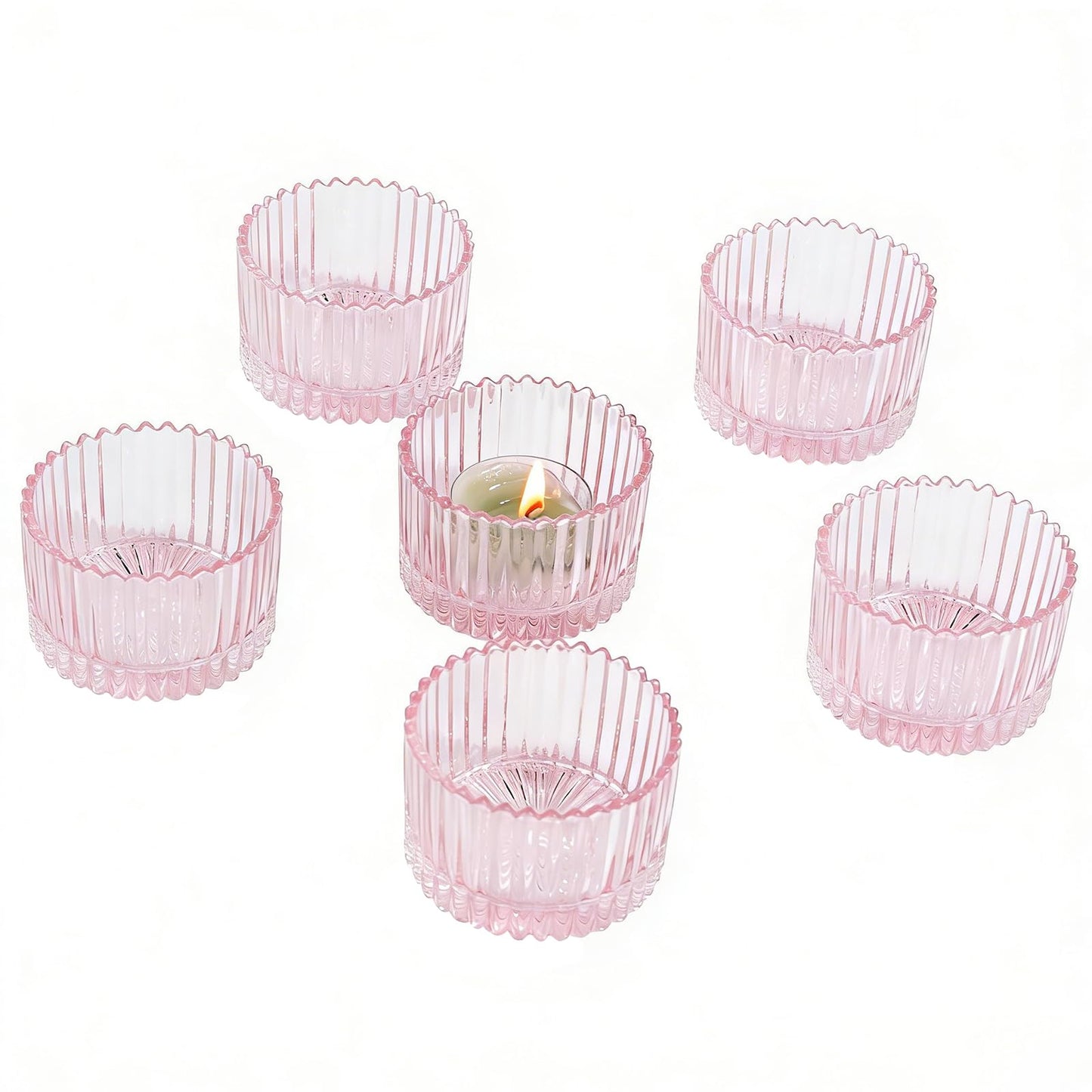 Jollyhilan 6 Pack Glass Candle Holder,Round Glass Candle Tray Ribbed Tealight Holders for Votives, Floating Candles Table Centerpieces Wedding Home Decor,Pink