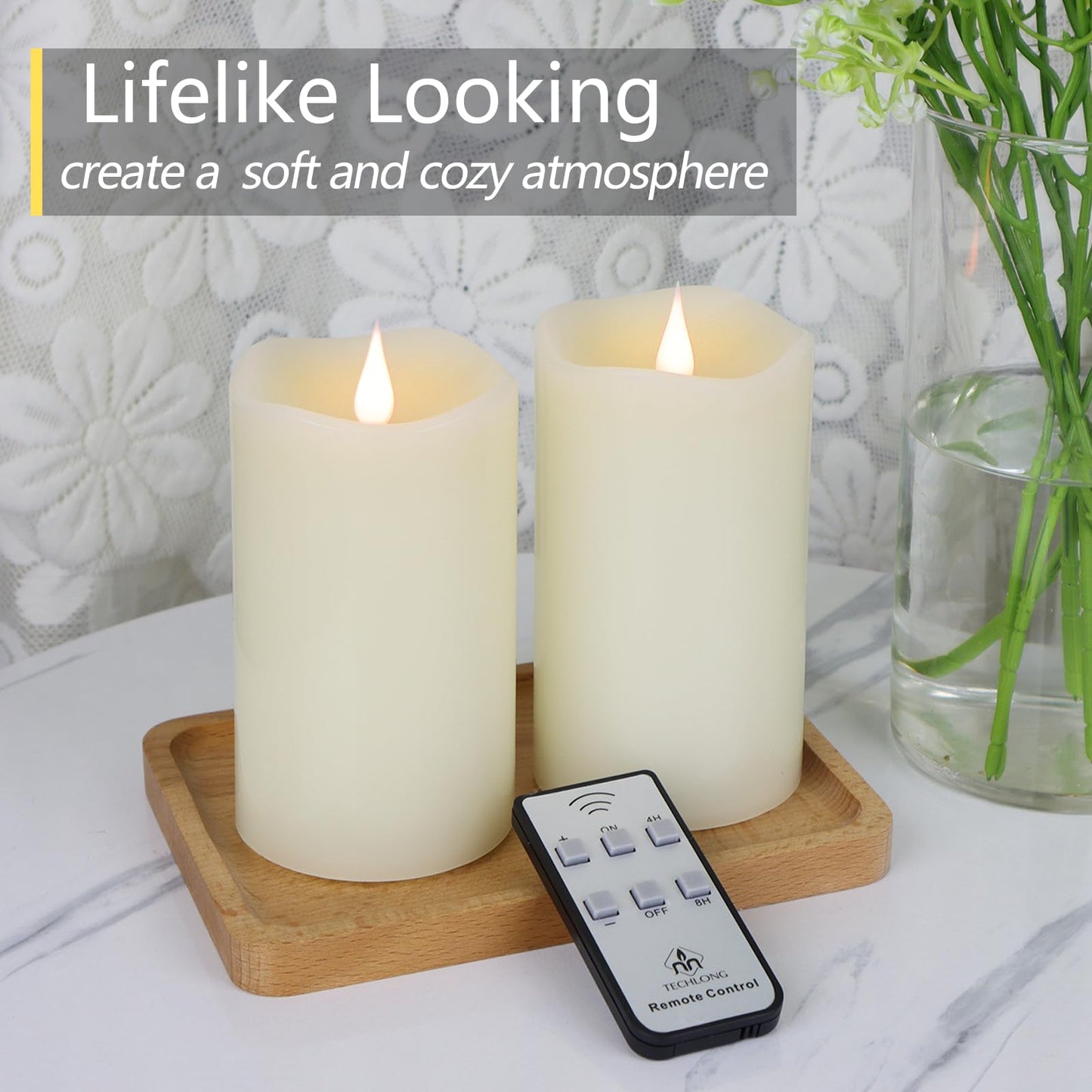 TECHLONG Flameless Candles Battery Operated with Remote Timer, 3D Moving Flame Flickering, Last 600+ Hours Battery Candles, 3" x 5" Ivory Real Wax Electric LED Candle for Wedding Party, Set of 2