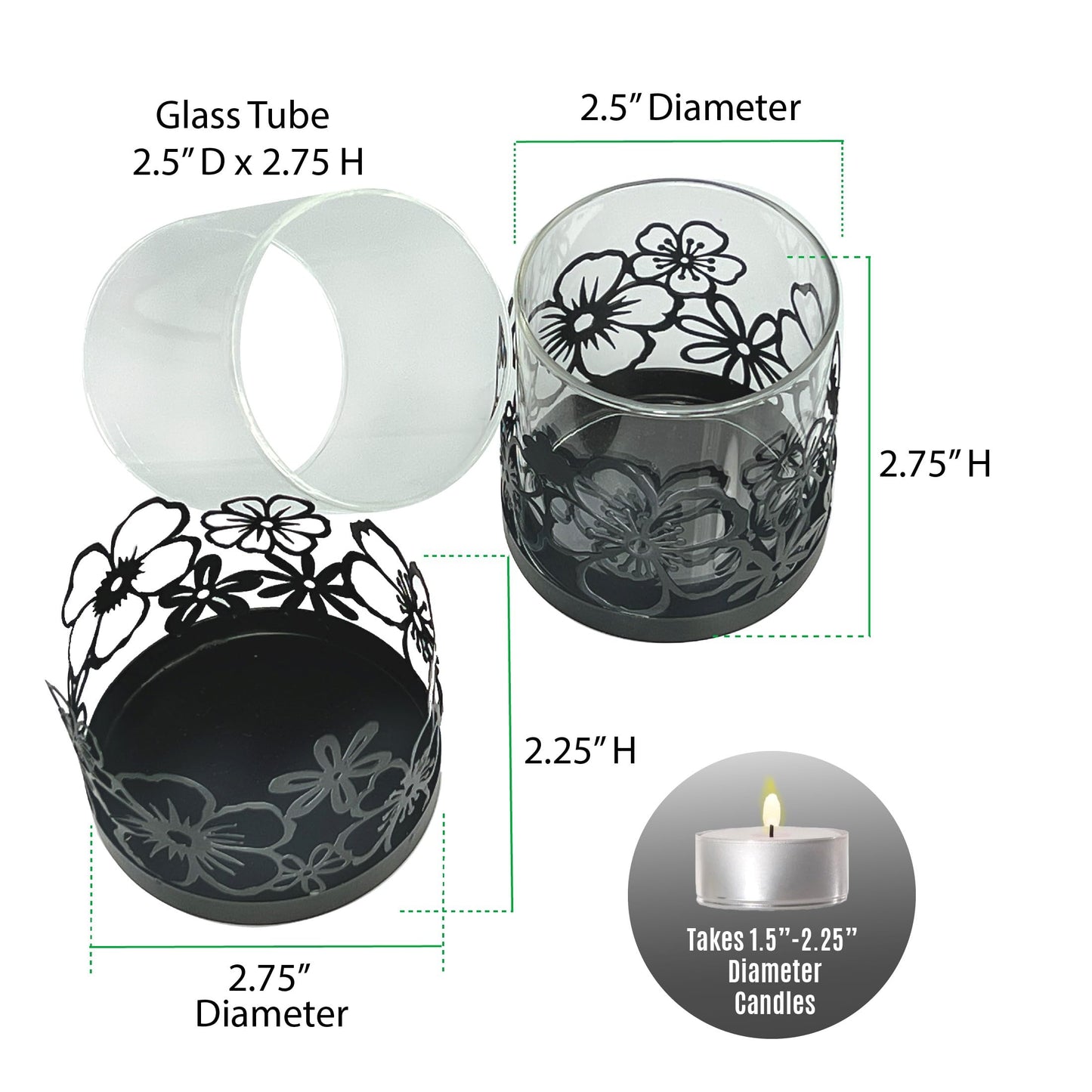 Lily’s Home Cutout Shadow Box Votive Tea Light Hurricane Glass Candle Holders, Centerpiece Lighting for Weddings, Entertaining and Home Decor, Flowers Garden Design, Black, Set of Two