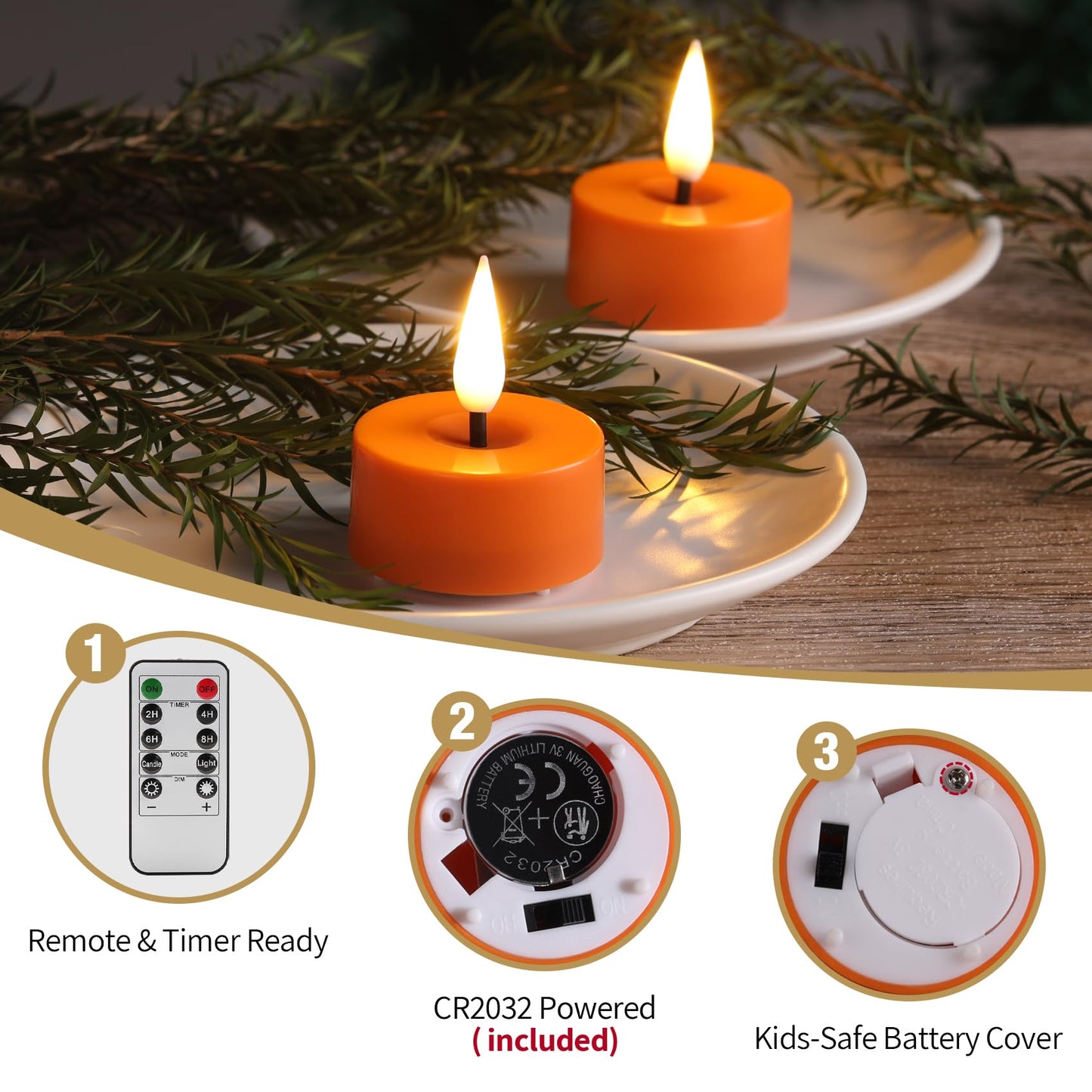 Eywamage Orange LED Tealights with Remote Batteries, Flickering Flameless Tea Votive Candles Decor Set of 12