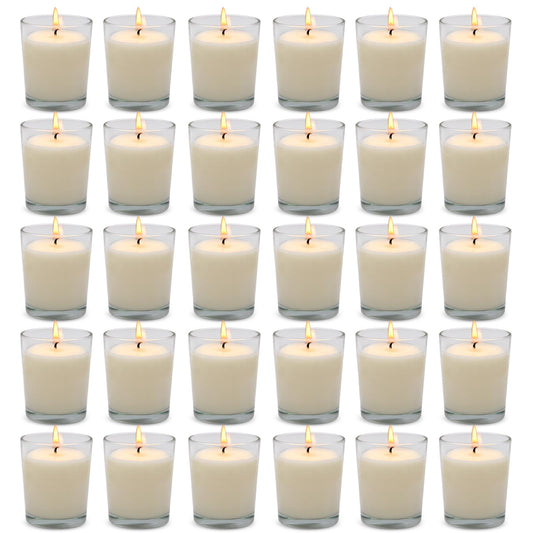 30 Pack Clear Glass Filled White Votive Candles, Unscented Votive Candles for Home Décor Spa Weddings Birthdays Holidays Party
