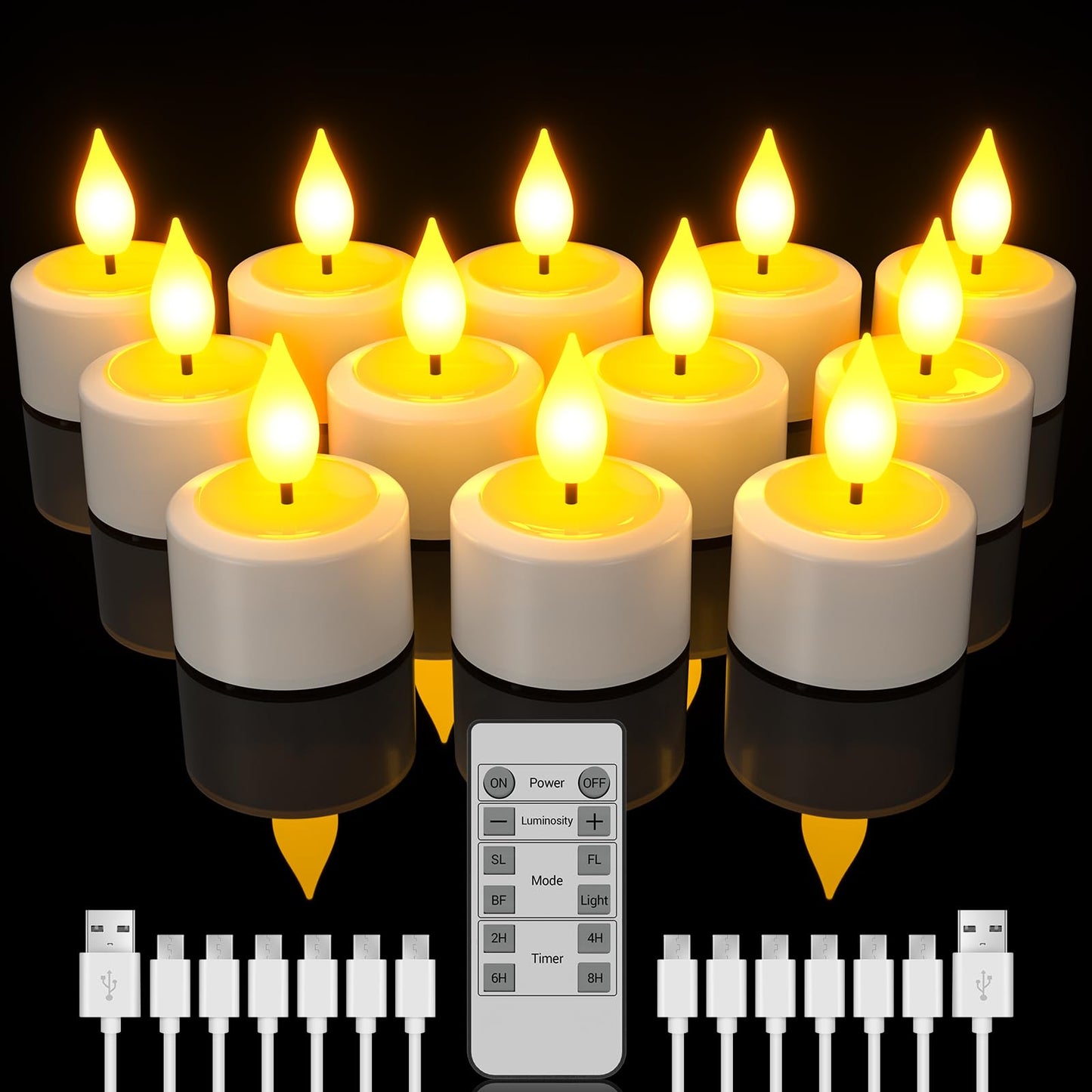 SoulBay Rechargeable Tea Lights with Remote, 12pcs Flameless Flickering LED Candles with Timer & USB Charging Cable, No Battery Needed, for Home Lantern Table Party Holiday Decorations