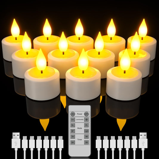 SoulBay Rechargeable Tea Lights with Remote, 12pcs Flameless Flickering LED Candles with Timer & USB Charging Cable, No Battery Needed, for Home Lantern Table Party Holiday Decorations
