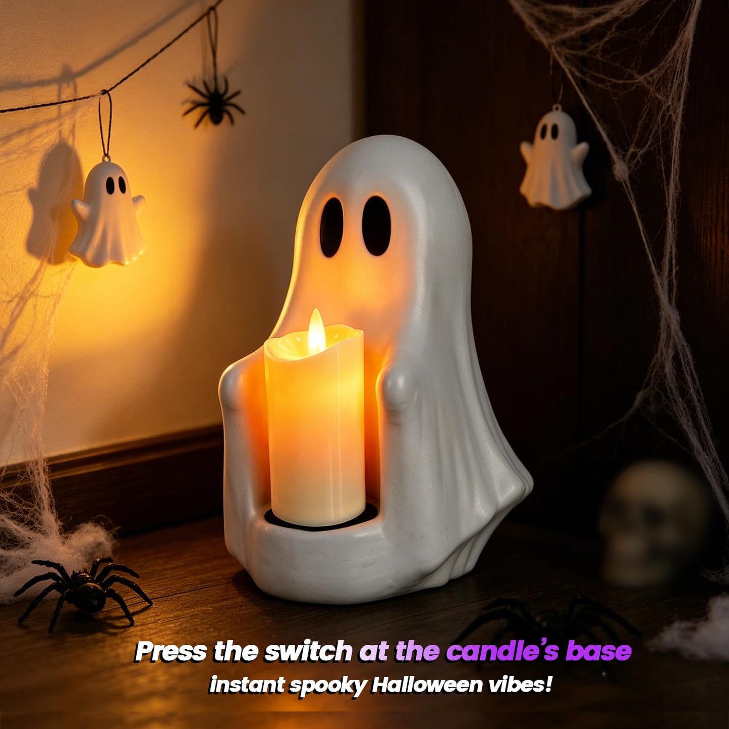 Halloween Ghost Candle Holder with Flickering Candle Effect, Spooky Cute Ghost Decor, Plastic Tabletop Decoration for Halloween Party Home