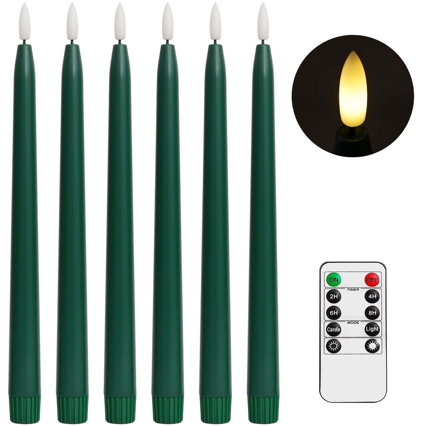Stmarry Green Flameless Taper Candles with Remote Control - 11 Inch LED Candlesticks Battery Operated, Realistic 3D Flame with Wick, Timer, Christmas Decor - Set of 6