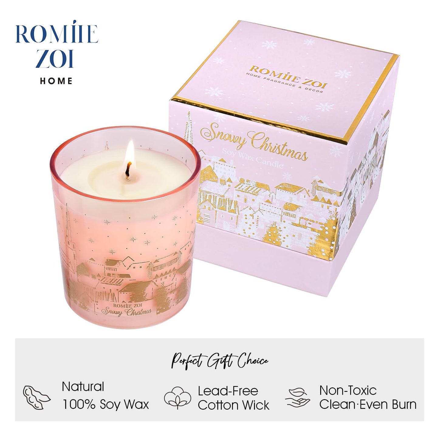 ROMIIE ZOI Christmas Scented Candle - 6oz Soy Wax Candle, Snowy Design, Infused with Floral Aroma - Pink & Gold Gift Box Packaged for Holiday Season Gift