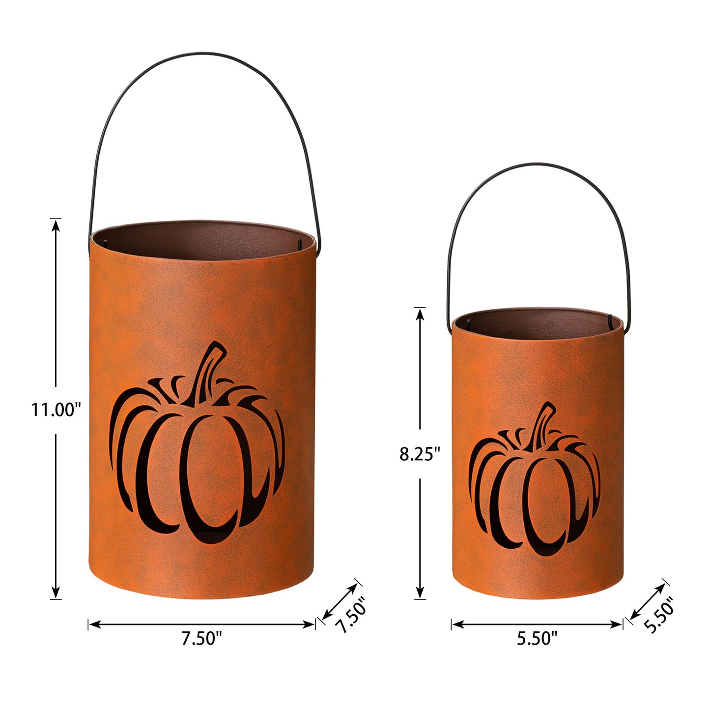 Glitzhome 2 Pack Halloween Cutout Pumpkin Lantern Candle Holder Bucket Thanksgiving Metal Standing or Hanging Porch Signs Decor, Orange