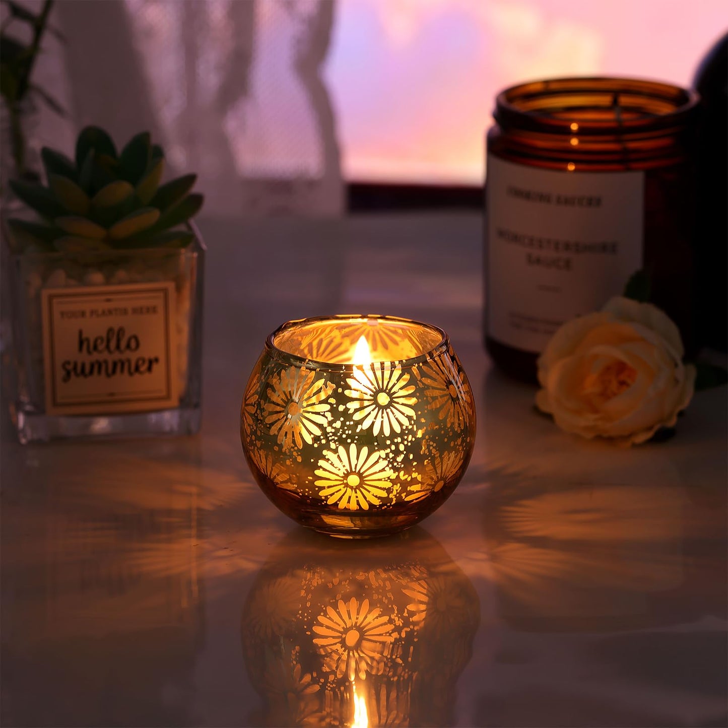 sunnyfuture Gold Mercury Glass Votive Candle Holders Set of 12, Round Tealight Candle Holders Bulk for Table Centerpieces, Weddings, Shower Gifts, Christmas, Halloween Party Decorations