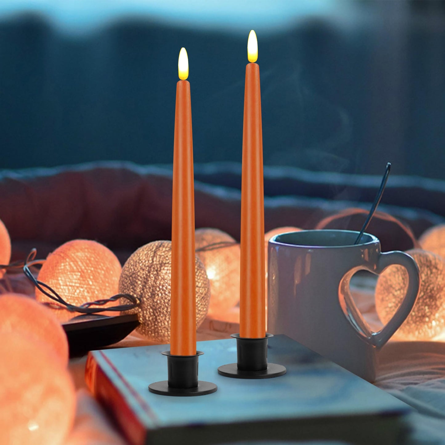 CVHOMEDECO. Flameless Taper Candles with 10-Key Remote, Battery Operated Led Flickering 3D Wick Window Candles Real Wax Finished Home Christmas Party Decor 0.78 x 11 Inch, Pack of 2 (Orange)