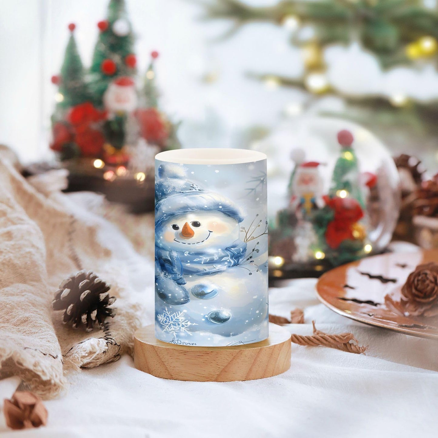 ALAZA Blue and Silver Christmas Snowman Flickering Flameless Candles Battery Operated with Remote Timer,Tea Light Candles LED Pillar Votive Candles Set of 2 for Outdoor Indoor Decorations