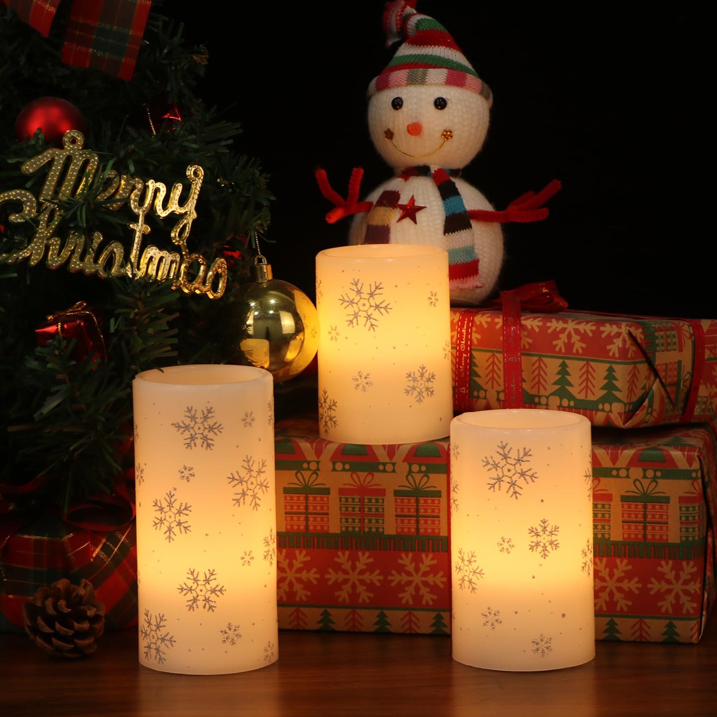 Eldnacele Christmas Flickering Flameless Candles with 6 Hour Timer, Silver Snowflake Decal Battery Operated Real Wax LED Pillar Candles Home Tabletop Holiday Decor(3Pcs,3×4/5/6 Inches)