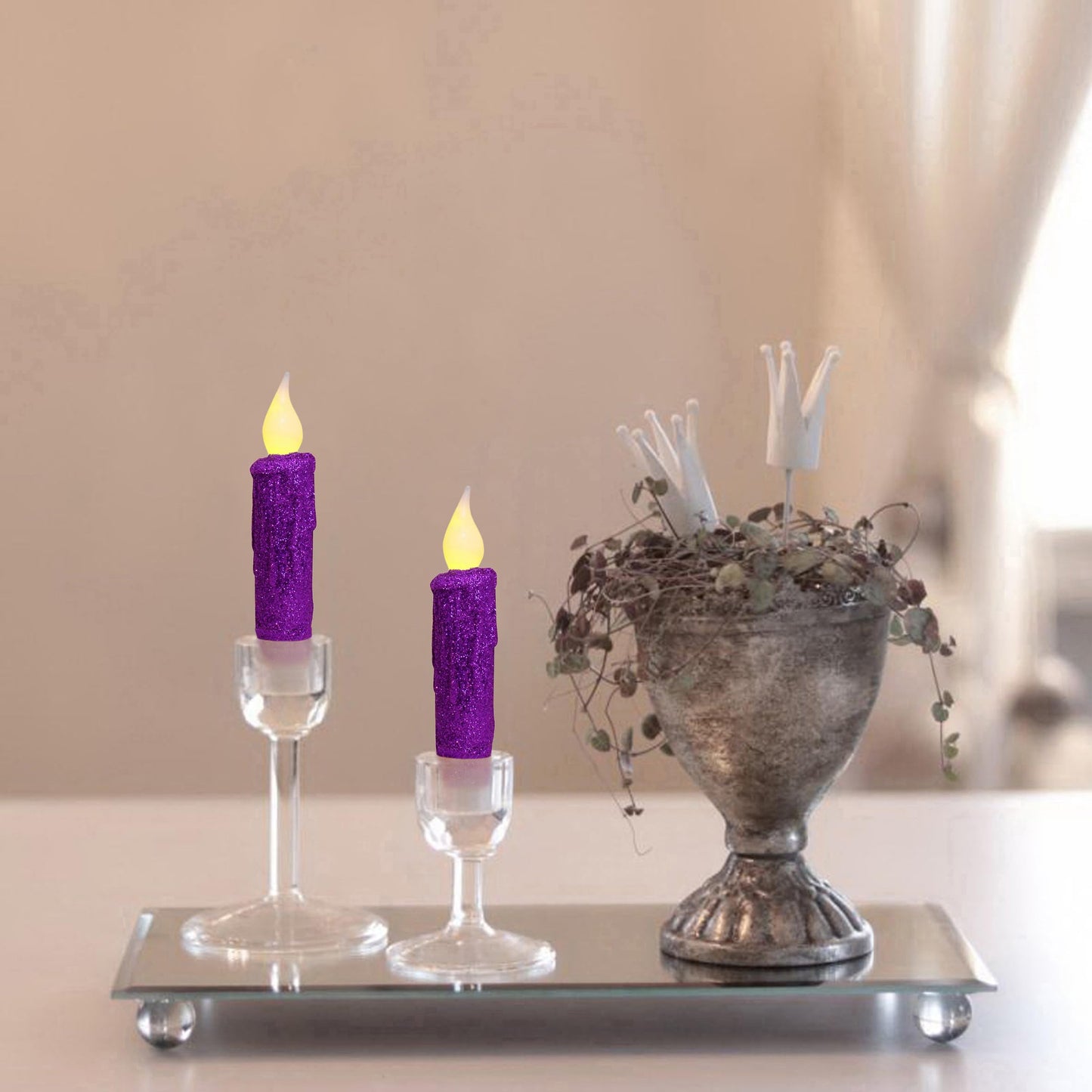 CVHOMEDECO. Glitter Flameless Candles Flickering Battery Operated LED Taper Candles with Timer for Home, Wedding, Halloween, Christmas Decor. Purple, 4-3/4 Inch, Set of 2