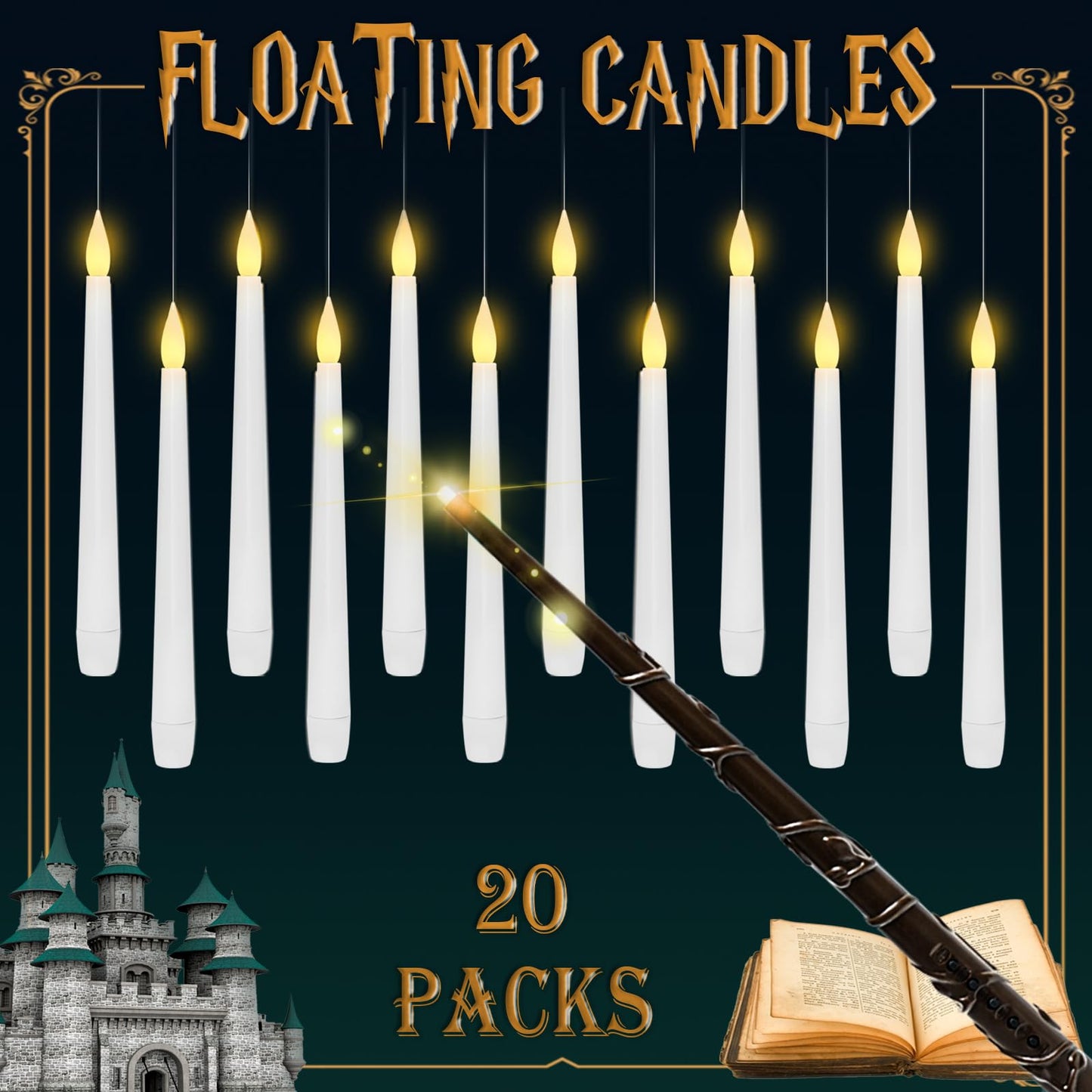 Lezonic Flameless Floating Candles with Wand，20 Pcs Magic LED Hanging Taper Candles，Flickering Battery Operated Taper Candle with Wand Remote for Halloween Decorations