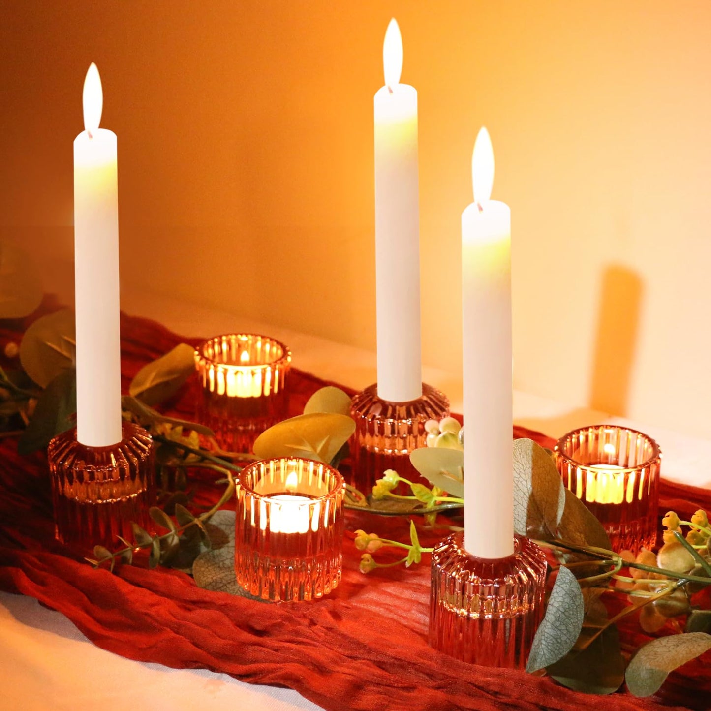 CHOCSTAY Reversible Rde Glass Candle Holder Set of 6, Thick Heat-Resistant Glass Candlestick Holders for Taper, Tealight, Votive, LED Candles, Perfect for Wedding, Party, Home Décor