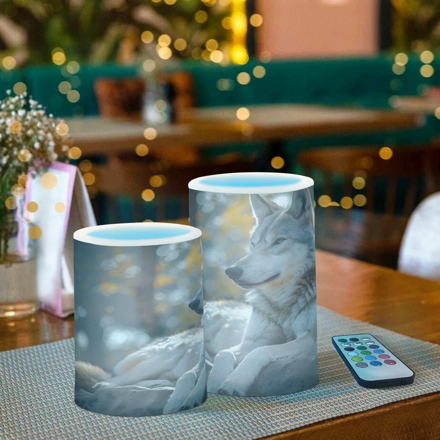 ALAZA Lovely Wolf Real Flickering Flameless Candles Battery Operated with Remote Timer,Tea Light Candles LED Pillar Votive Candles Set of 2 for Outdoor