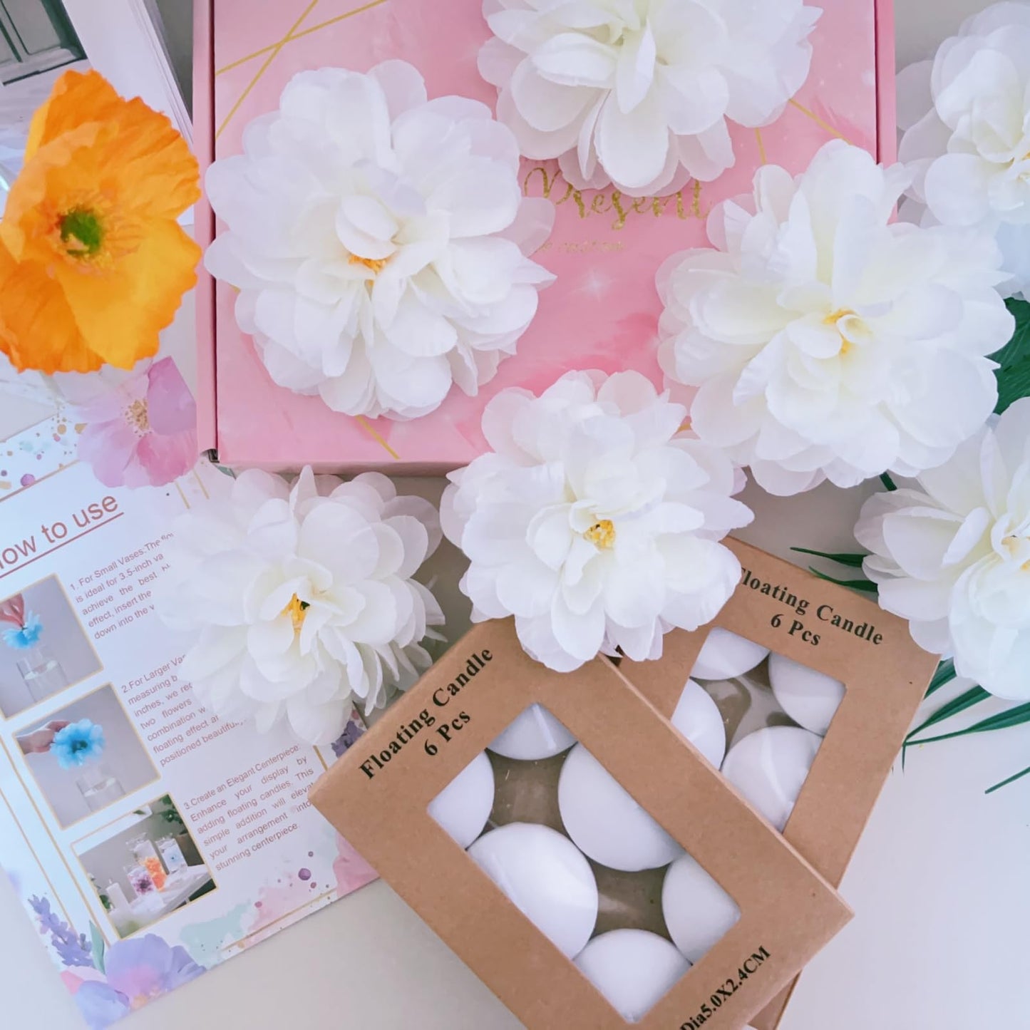 ZJGXH 24 Pcs Floating Candles for Centerpieces and Floating Flowers Vase Fillers for Centerpieces White Artificial Flowers for Wedding Table Party Home Decoration