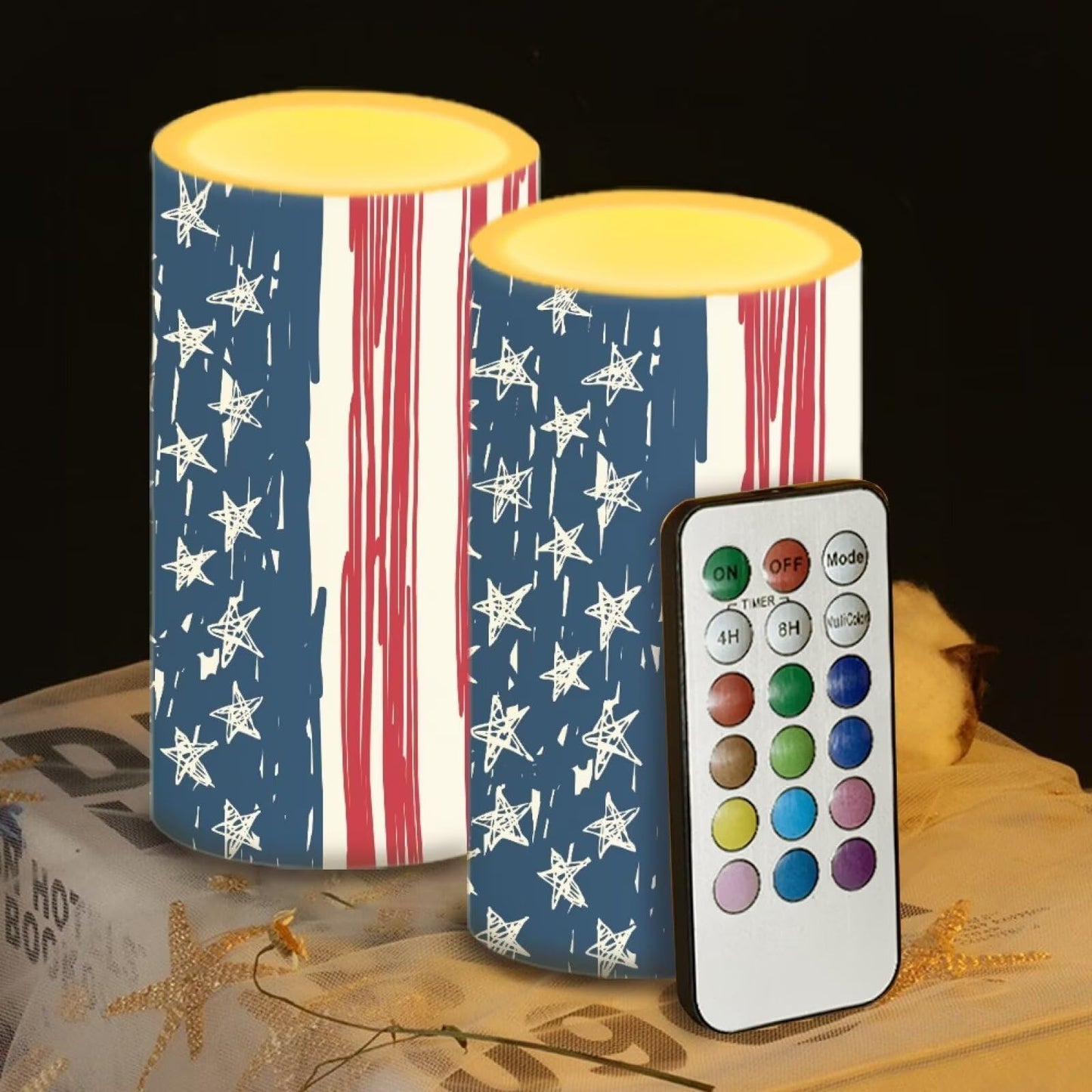 NETILGEN Patriotic USA Flag Flameless LED Candles with Battery Operated Set of 2 with Timer Remote Control July 4th American Flag Independence Day Decor