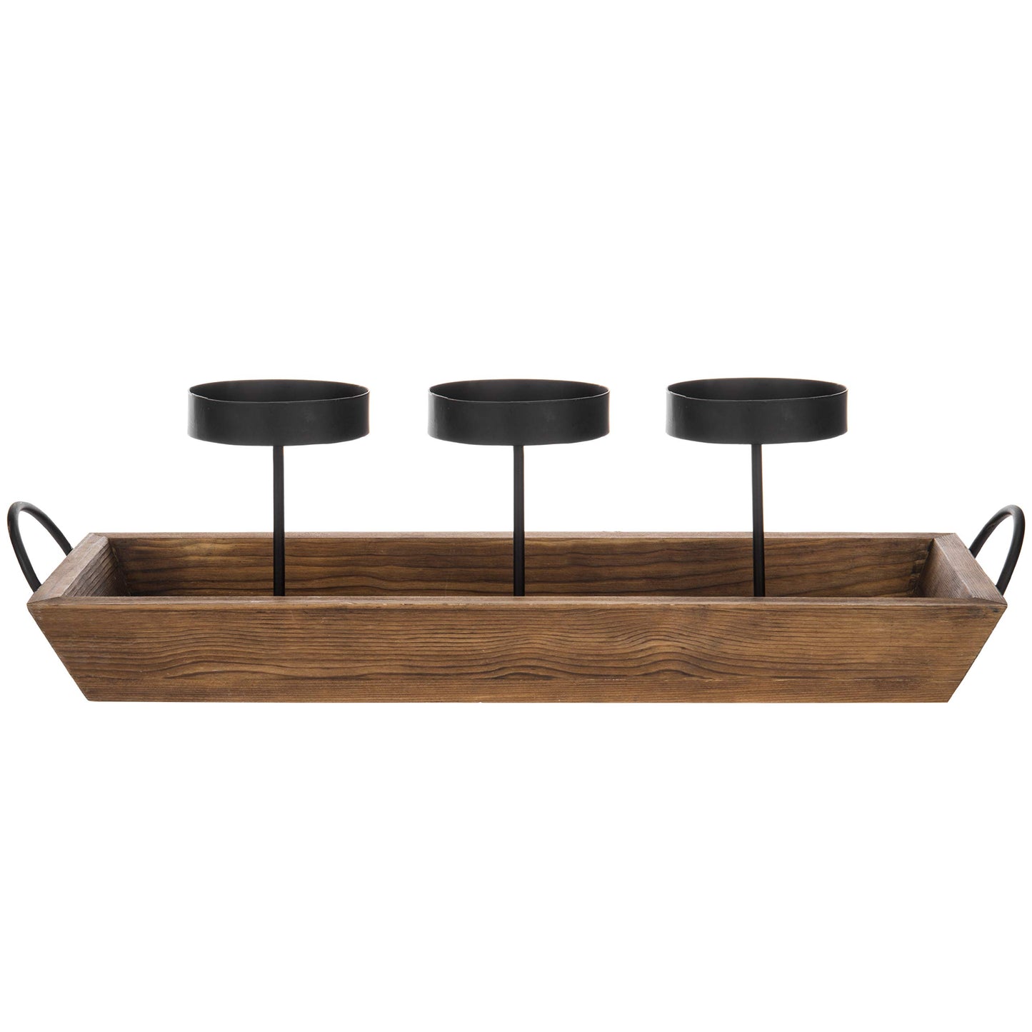 MyGift 3-Pillar Black Metal Candle Holder with Rustic Wood Tray and Handles, Tabletop/Mantel Centerpiece