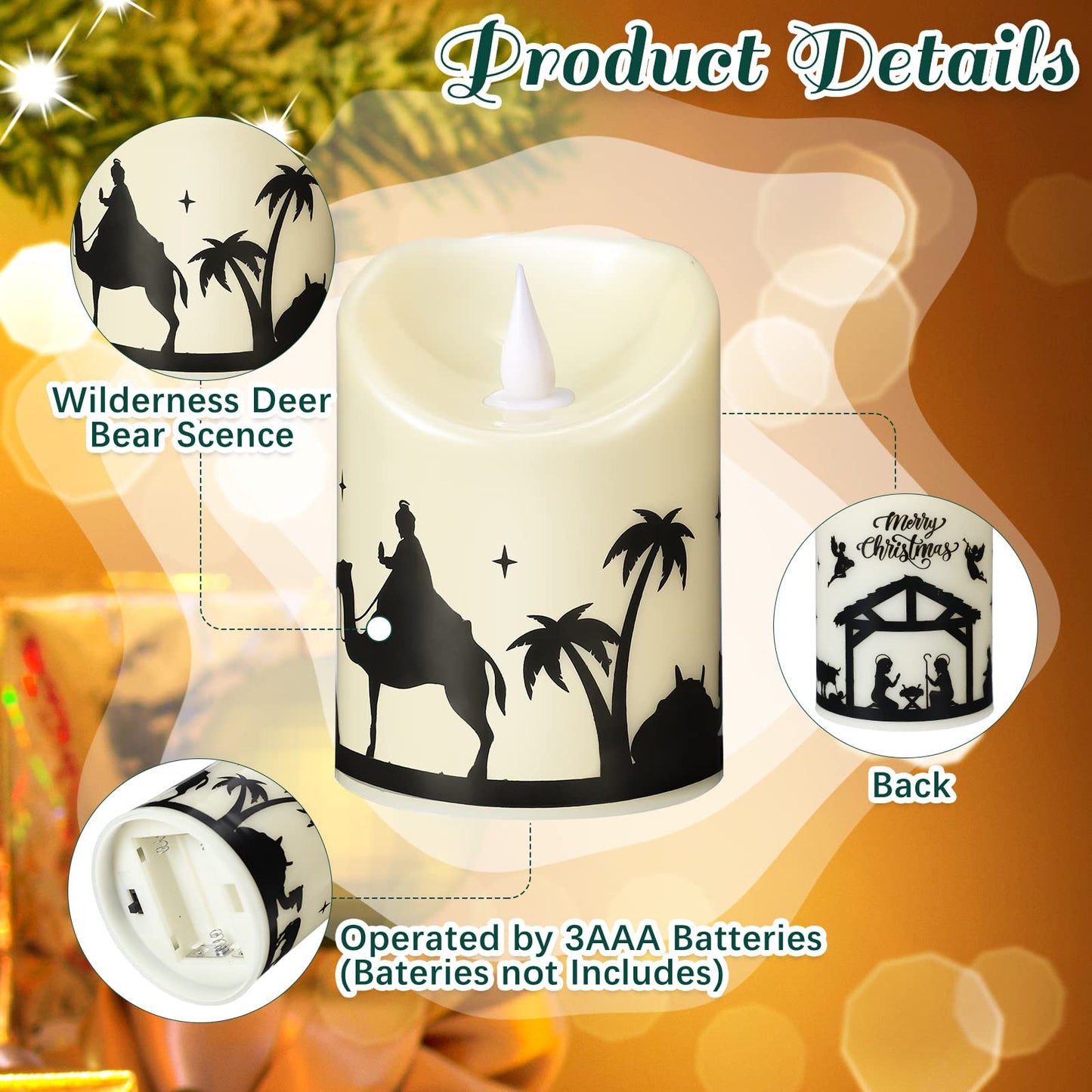 Treela 2 Pieces Christmas Flameless LED Candles with 8h Timer, Battery Operated Plastic Pillar Rustic Candles Warm Light with Decals for Adventure Table Home Decor, D3 x H6 (Nativity)