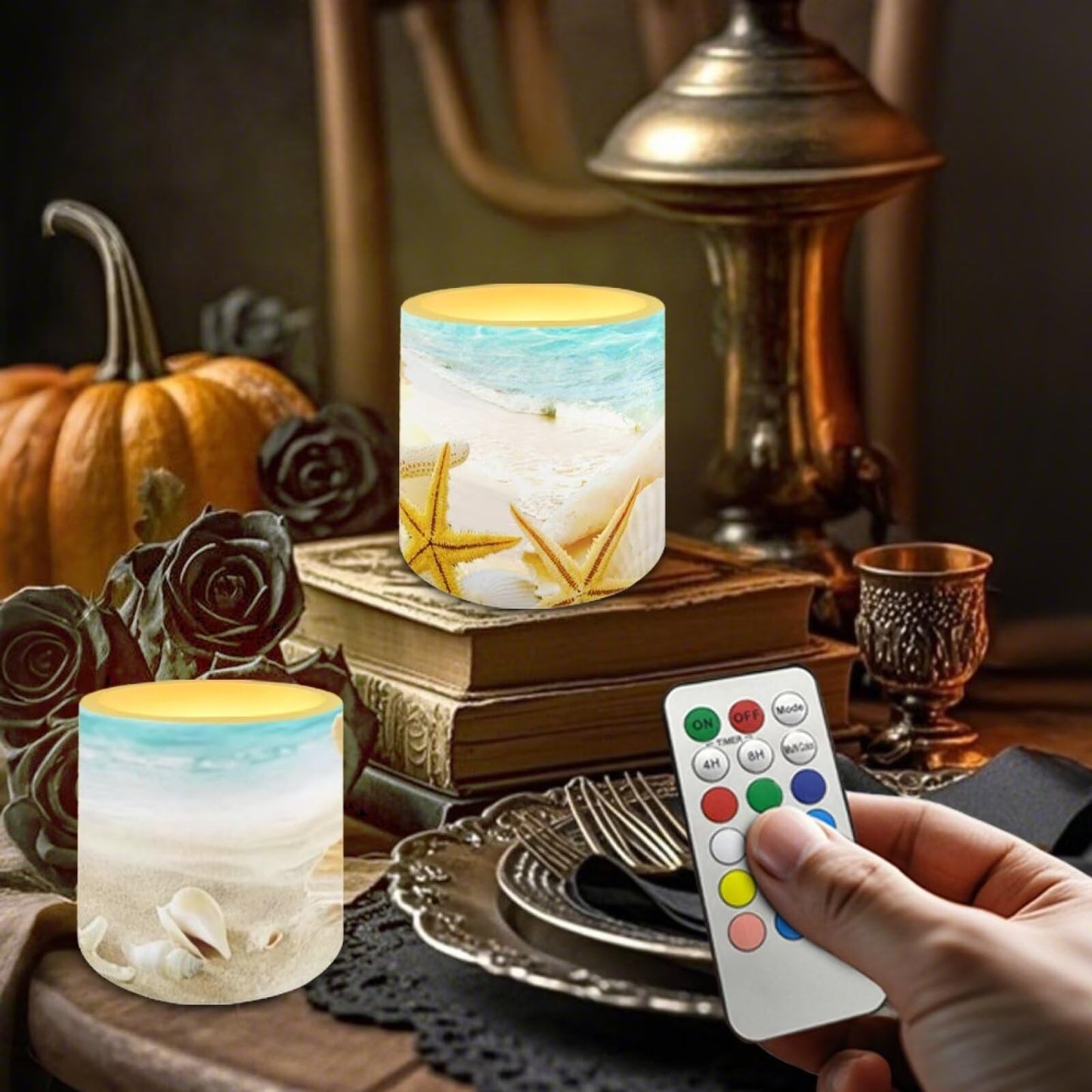 NETILGEN Beach Starfish Seashell 4 Packs Flameless Candles with Remote Timer Color Changing Realistic Flickering Flameless Candles Battery Operated Candles