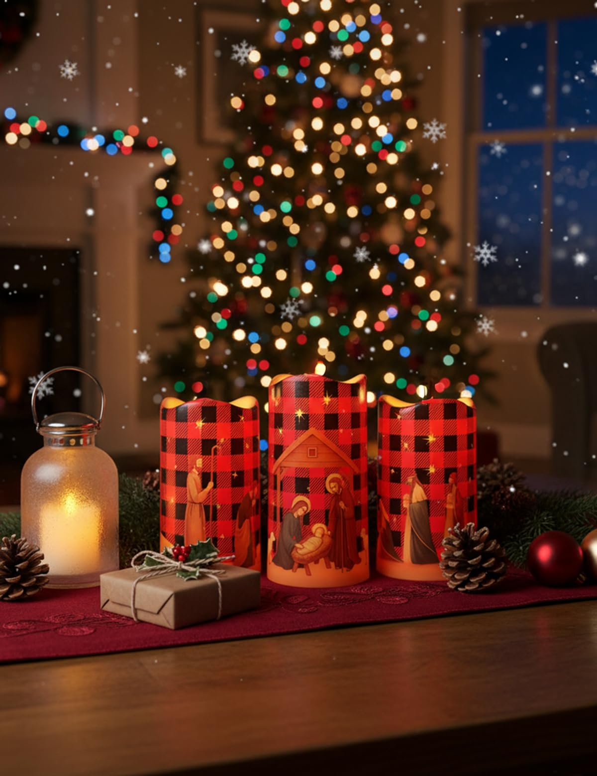 Glflickerow 3Pcs Christmas Red and Black Nativity Scene Flameless Candles LED Pillar Jesus Religion Candle Battery Operated with Timer for Xmas Christian Holiday Table Home Decor Church Party