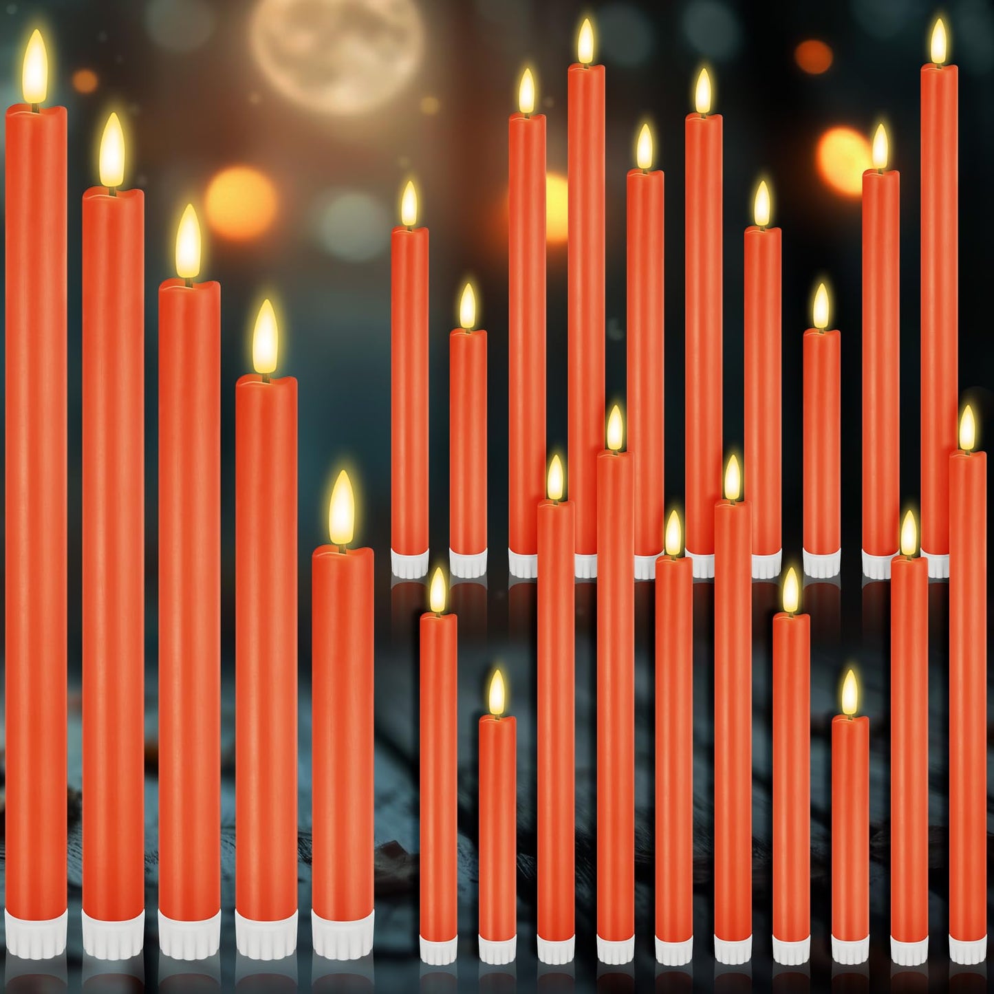 Rossesay 20 Pcs Flameless LED Taper Candles Battery Operated Taper Candles 5 Sizes of 6.5'', 7.7'', 8.8'', 10.0'', 11.2'' Flameless Candlesticks Flickering with 3D Flame for Wedding (Orange)