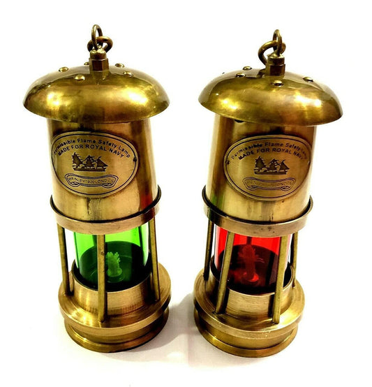 Royal Antique Gallery Vintage Brass Minor Lanterns with Coloured Glass, Set of 2 Antique Royal Navy London Brass Made Beautiful Hanging Minor Lantern 2 Pack (Green & Red) for Home Decor