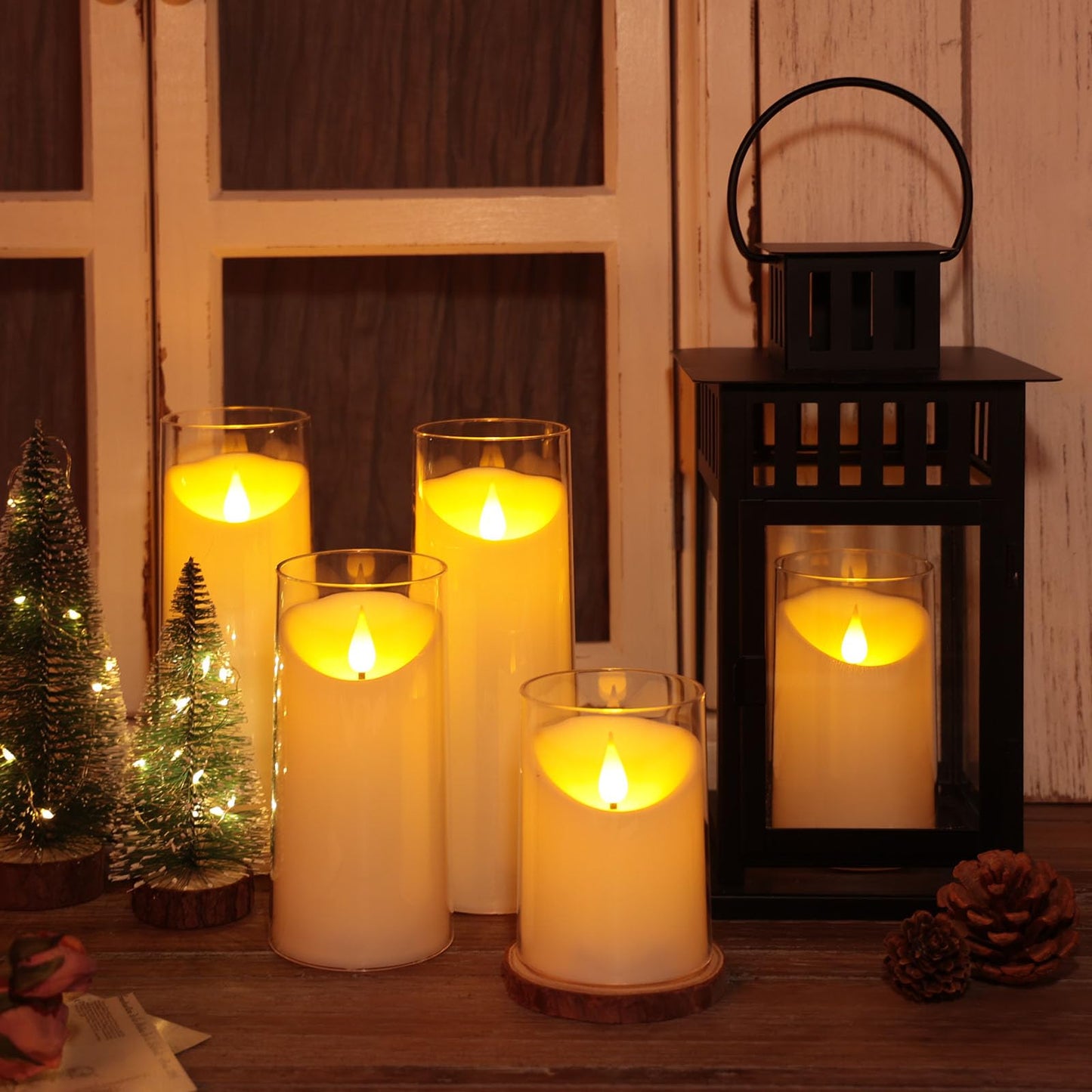NURADA Flickering Flameless Candles: Acrylic LED Pillar Candles Battery Operated with Remote and Timer for Romantic Ambiance and Home Table Bathroom Decor, Gold, Pack of 5