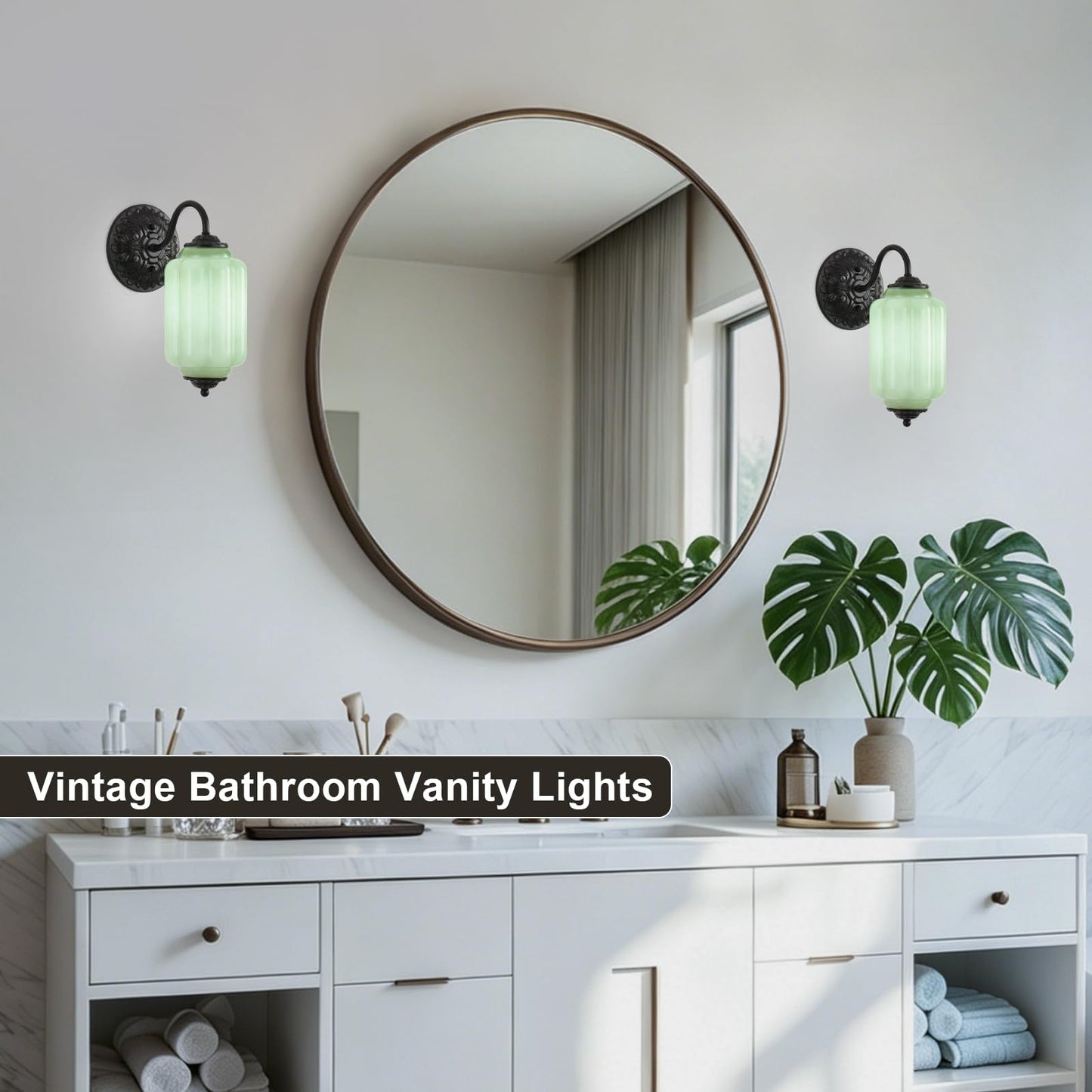 Pandaluna Vintage Wall Sconce, Green Milk Glass Light Fixture, 5.5In Art Deco Antique Wall Sconce for Bedroom Bathroom Living Room Hallway Entryway, E12 LED Bulb Included, Black & Green 2 Pack