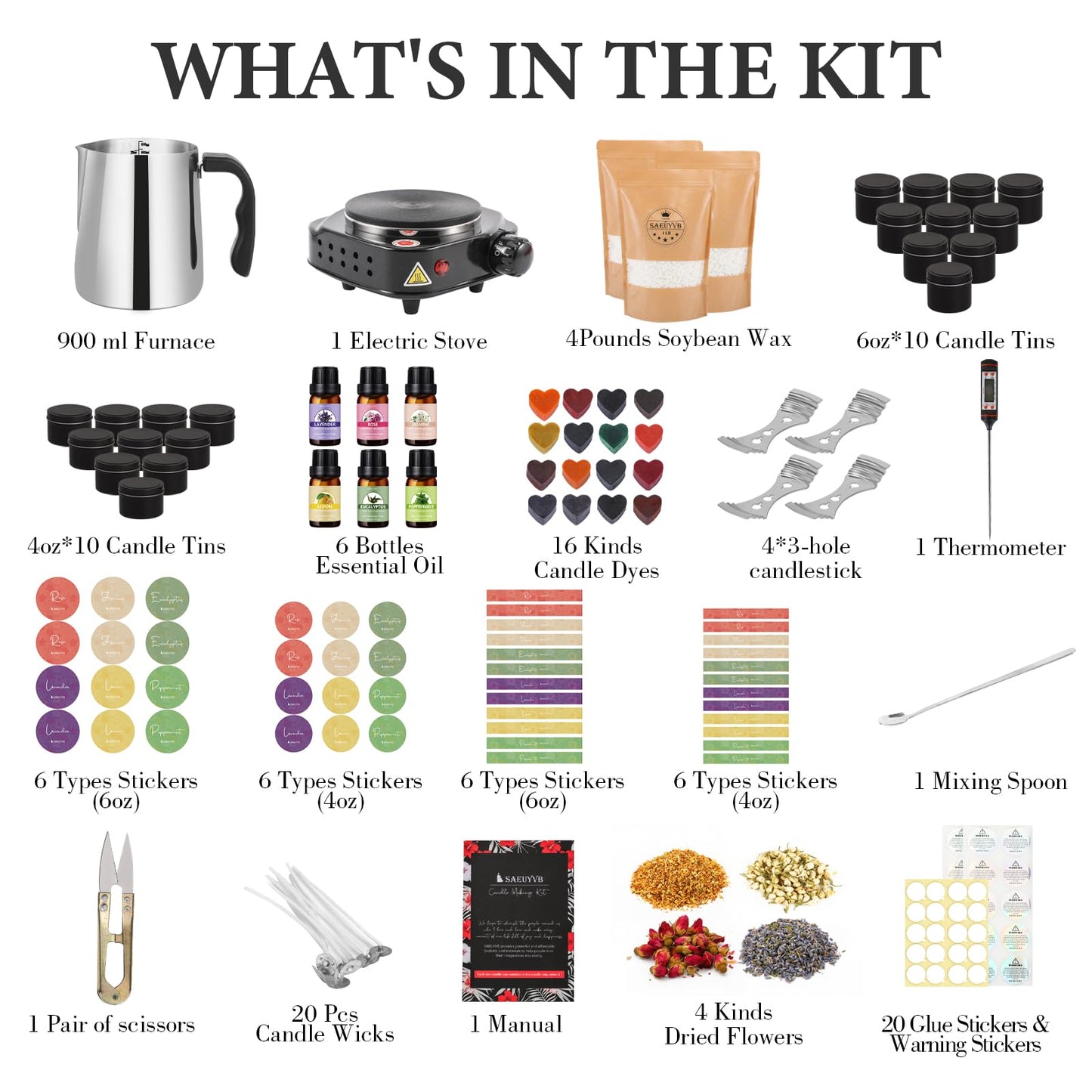 SAEUYVB Candle Making Kit, Candle Making Kit for Adults - DIY Starter Soy Candle Making Supplies-Including Soy Wax,Electric Stove,Melting Pot,Candle Wicks,Rich Scents,Stickers,Etc