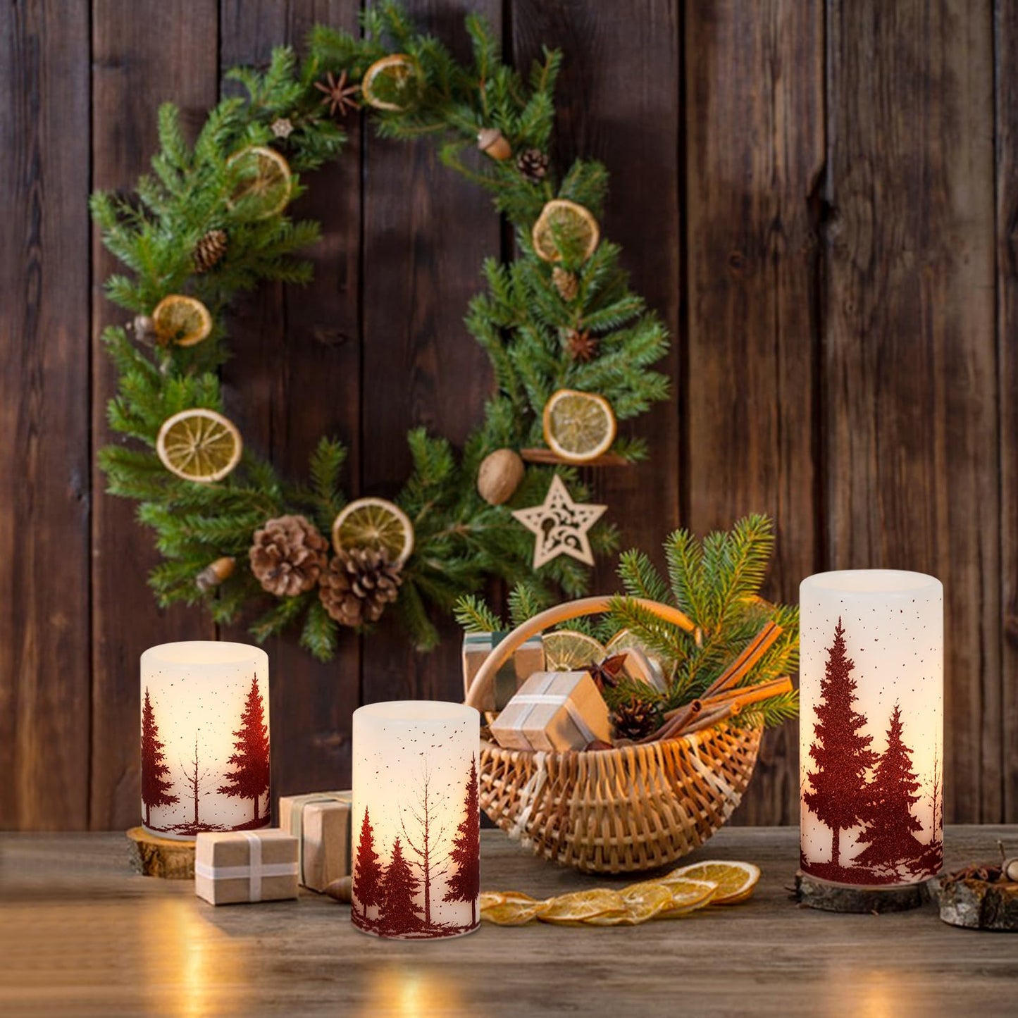 Wondise Flickering Flameless Candles with Timer, Battery Operated Real Wax Warm Light Red Christmas Tree Decal Candle for Home Decoration Christmas Gifts, Set of 3(D3 x H4/5/6 Inch)