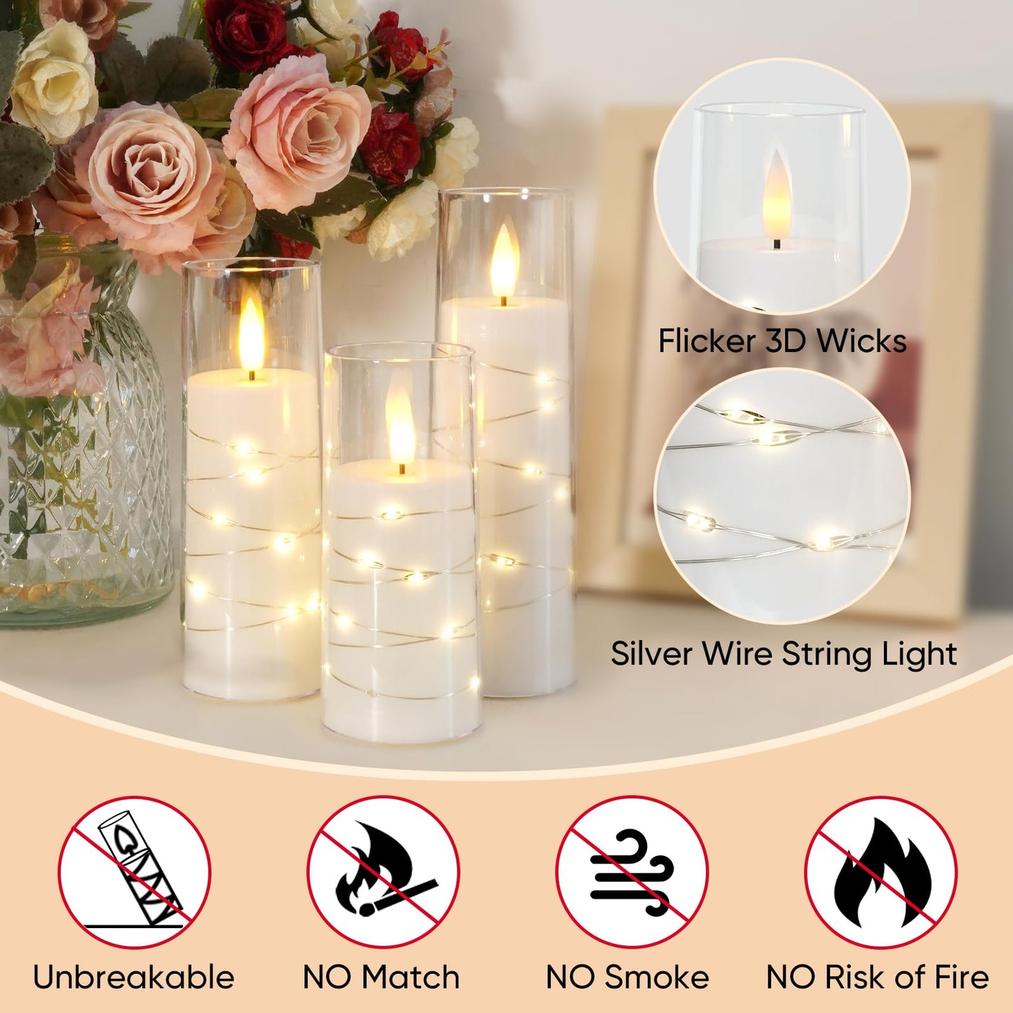 Raycare Flameless Candle with Remote Timer 7 Flickering Acrylic Battery Operated LED Pillar Candles with Embedded Star String for Christmas, Wedding, Home Table Decor, and as a Gift(White)