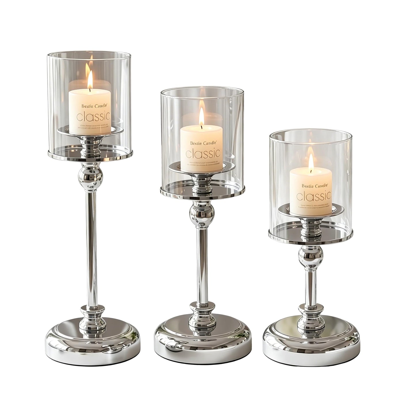Oakernel Sliver Hurricane Candle Holders - Set of 3 Tall Candlestick Holders Windproof Taper Candle Holders, Metal Stand for Table Centerpiece Outdoor Indoor Wedding Party Holiday Decor