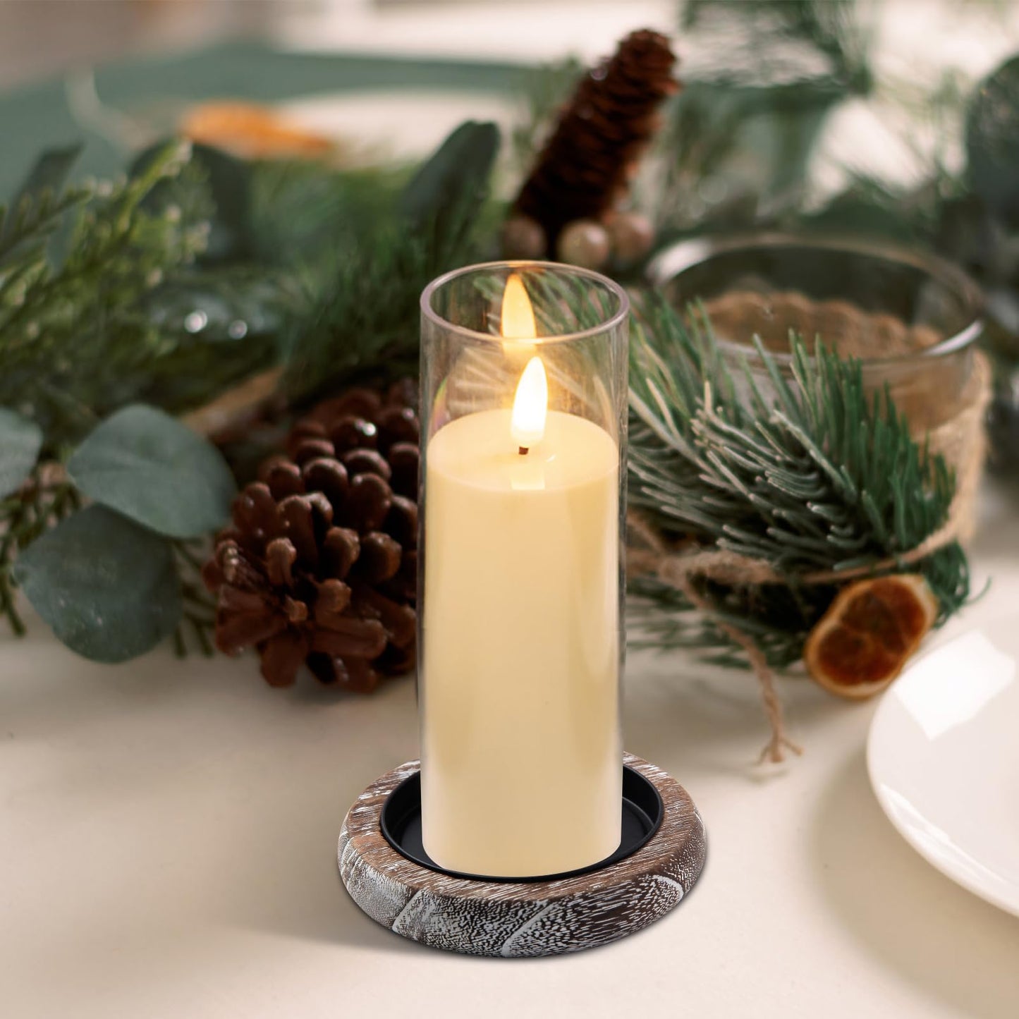 Hatway Wood Candle Holder Farmhouse Decor Wooden Pillar Candles Tray for Table Centerpiece Small Decorative Tray Riser Round Wooden Plate Pedestal Stand for Coffee Table for Christmas Decor-Bai-4