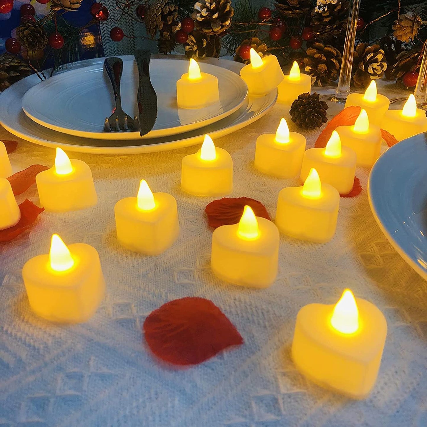 1000 Pieces Artificial Red Rose Petals with 24 Pieces Heart Romantic Flameless LED Tea Light Candles for Special Night, Love Candle for Valentine's Day, Anniversary Decorations, Party Decor