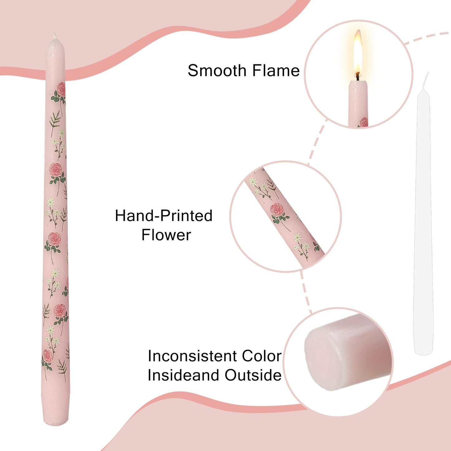 Rose Printed Taper Candle Smokeless- 4 Pack Handmade Pink Taper Candle - Dripless Uncented Candle 10 inches Long Flower Printed Tapered Candles for Mother's Day Home Wedding Restaurant Holiday Decor