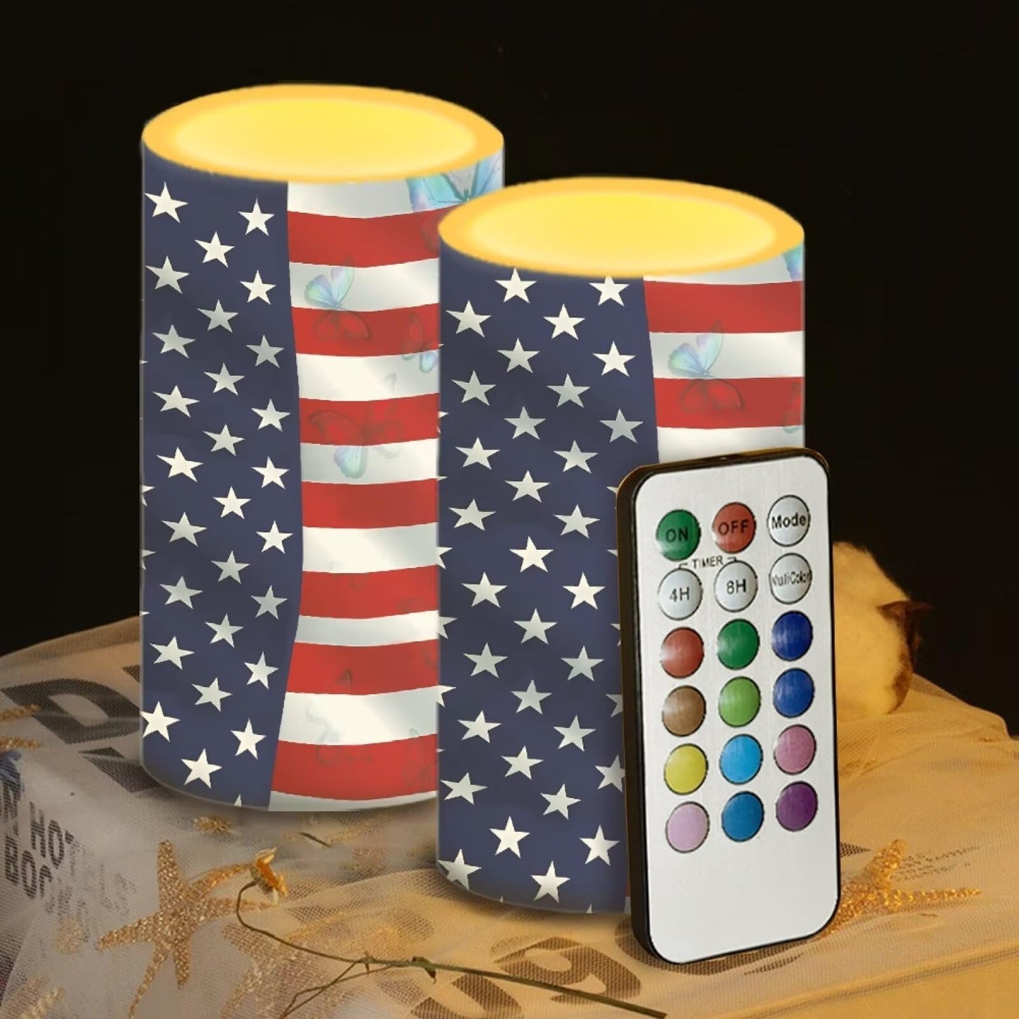 Luarisgur Flameless Candles LED American Flag Decorative Candles Butterfly Print Battery Operated Ornage Flickering Candles with 18-Key Remote Timer Pillar for Home Living Room Party Table Decorations