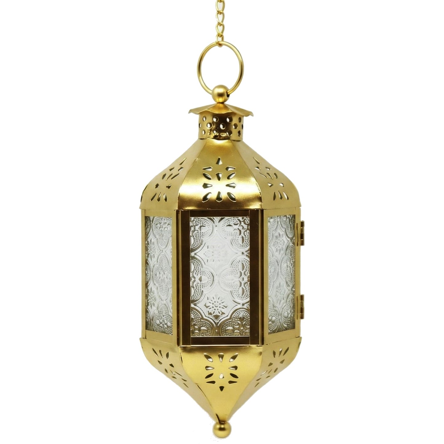 Vela Lanterns Hanging Moroccan Lamp - Exotic Decorative Patio & Porch Decor, Indoor Outdoor Tea Light Candle Lantern Holder with Chain (11" Medium, Gold)