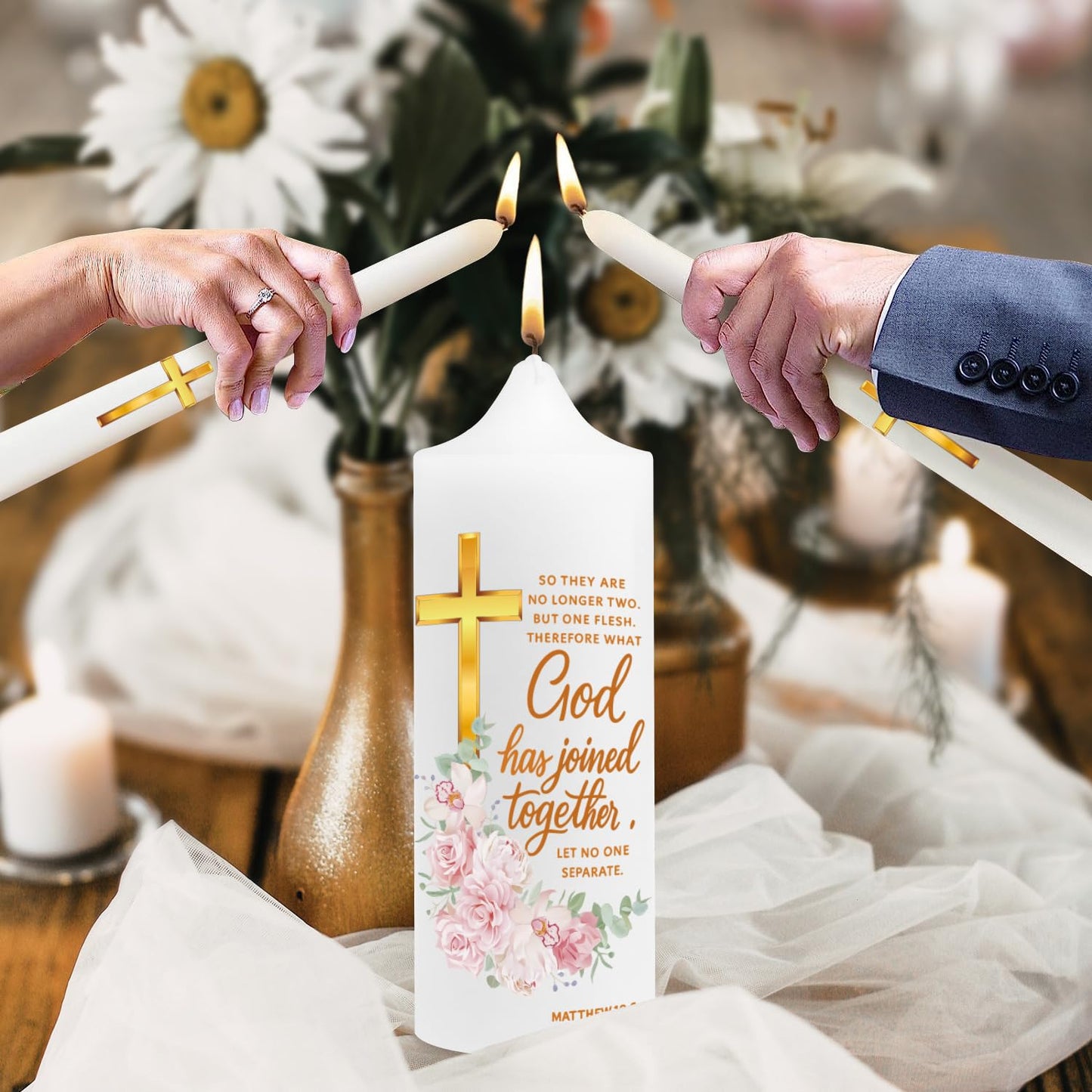Extrogif Unity Floral Candles with Holder for Wedding Ceremony – Wedding Candle Set with Glass Holders – Elegant Pillar Candles with a Gold Cross and the Matthew 19:6 Verse