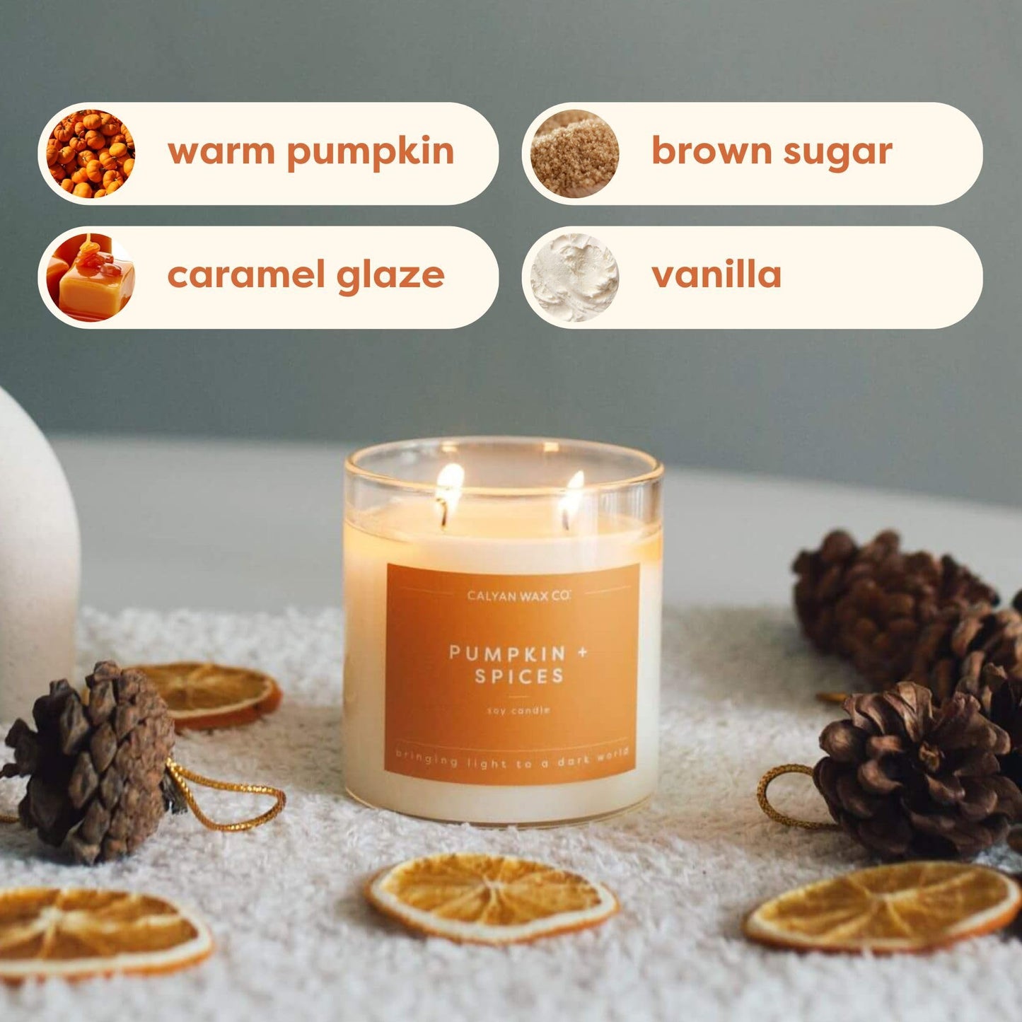 Calyan Wax Co. Pumpkin & Spices 2 Wick Scented Candle - 37 Hour Burn - Luxury Clean Soy Wax Candles - Long Lasting Large Glass Jar Candle for Home - 8.8oz