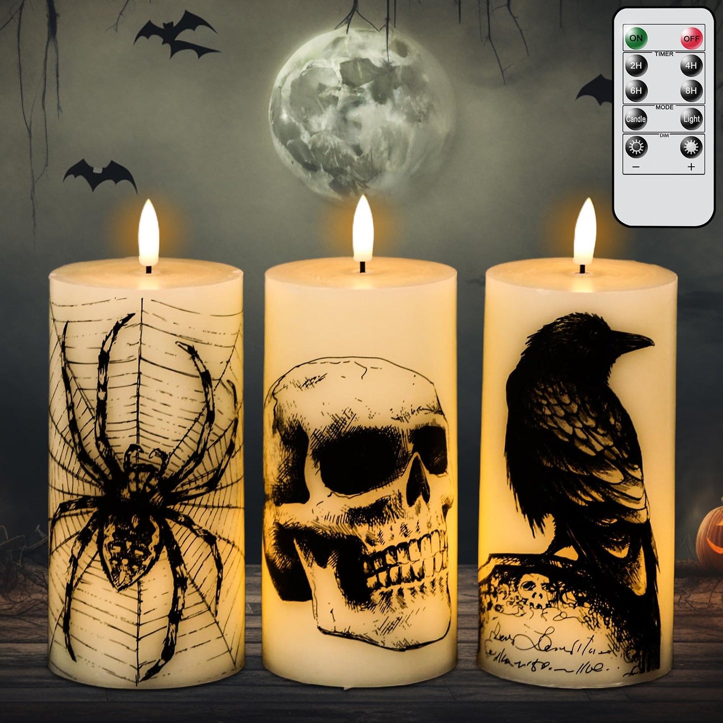 DRomance Halloween Flameless Candles Battery Operated with Remote and Timer, Real Wax 3D Wick LED Flickering Pillar Candles Skull Crow Spider Web Decals Dinner Halloween Decor(3 Pack, 3" D x 6" H)