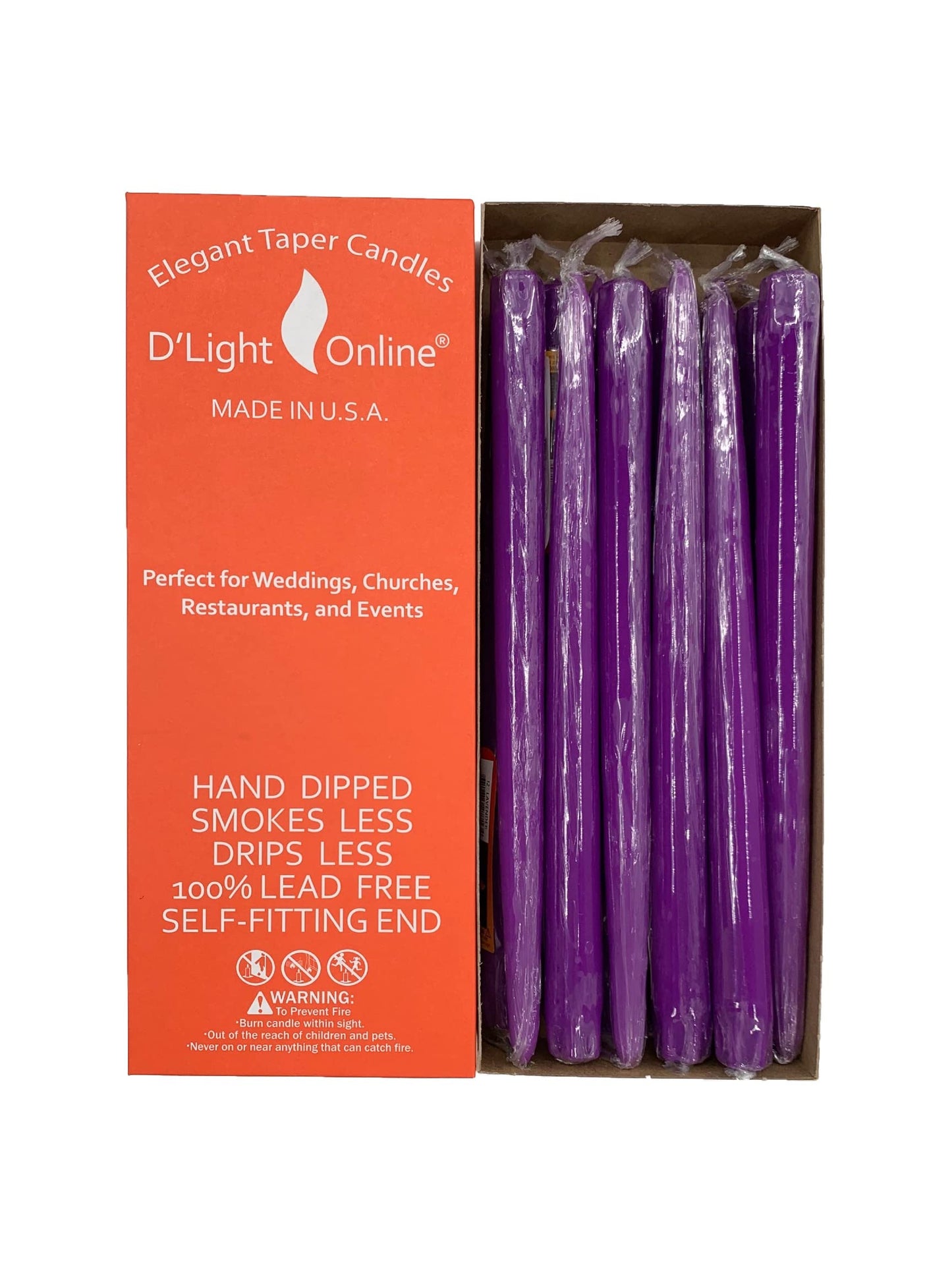 D'light Online Elegant 10" Unscented Purple Taper Candles, Premium Quality Hand-Dipped Tapered Candles, Dripless Tapers and Smokeless - Individually Wrapped (10 Inch, Purple)