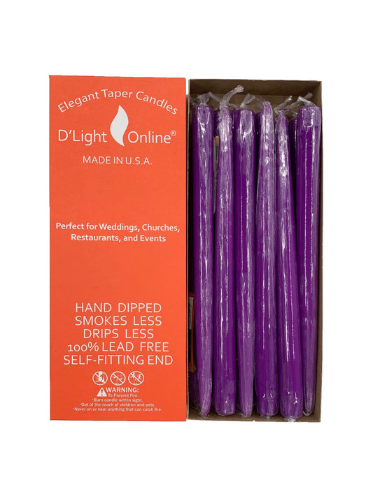D'light Online Elegant 10" Unscented Purple Taper Candles, Premium Quality Hand-Dipped Tapered Candles, Dripless Tapers and Smokeless - Individually Wrapped (10 Inch, Purple)