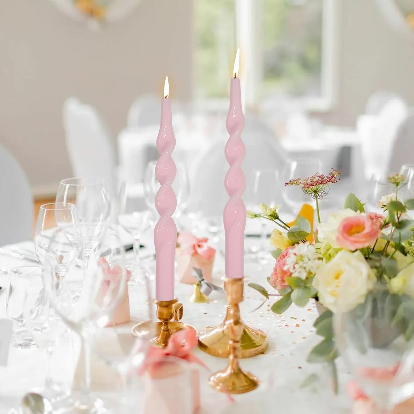 Pink Taper Candles Set of 4, 10 Inch Handmade Spiral Candle, Twisted Candles Shape Design, Unscented Candle Sticks for Wedding Dinner Home Decor Gift