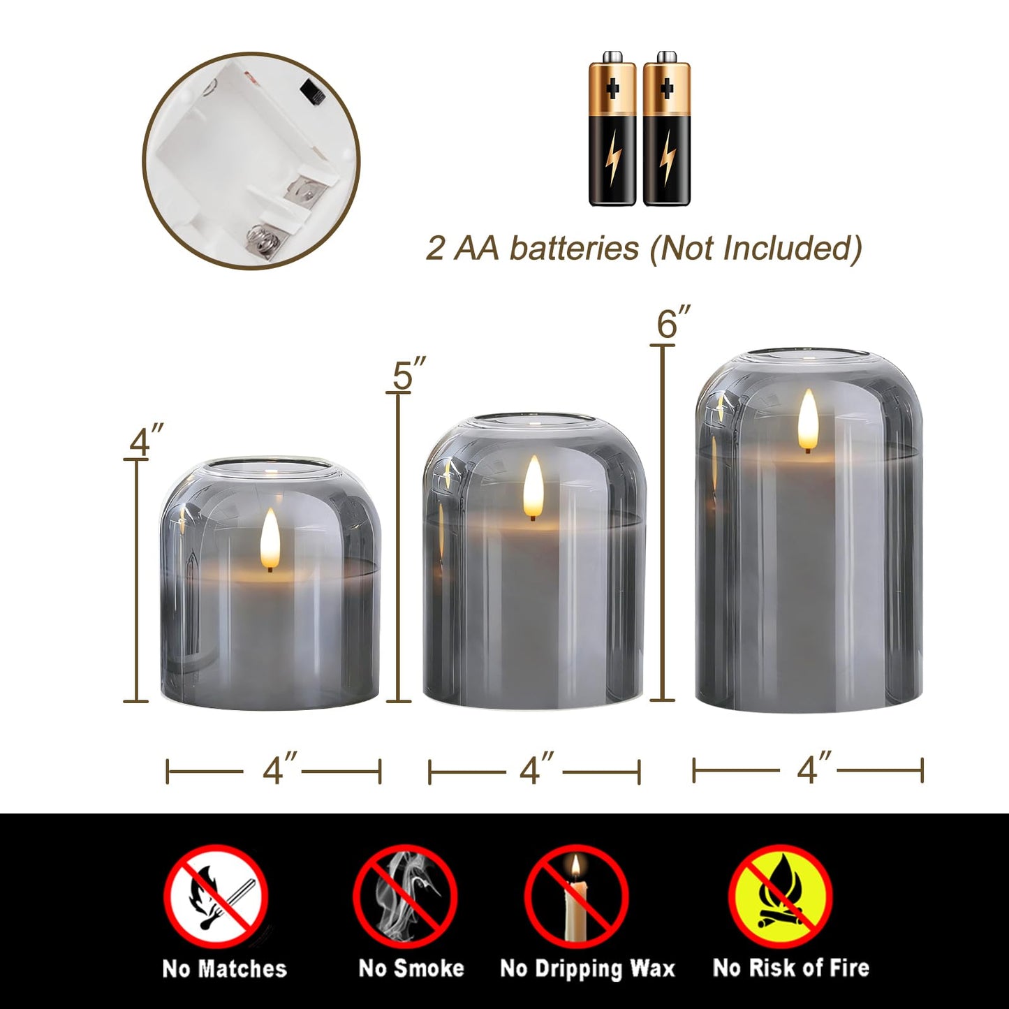 Homemory Glass Flameless Candles, Battery Operated Plliar Candles Realistic Flickering, LED Electric Light with Remote and Timer for Home, Christmas Decoration, Gray, Set of 3