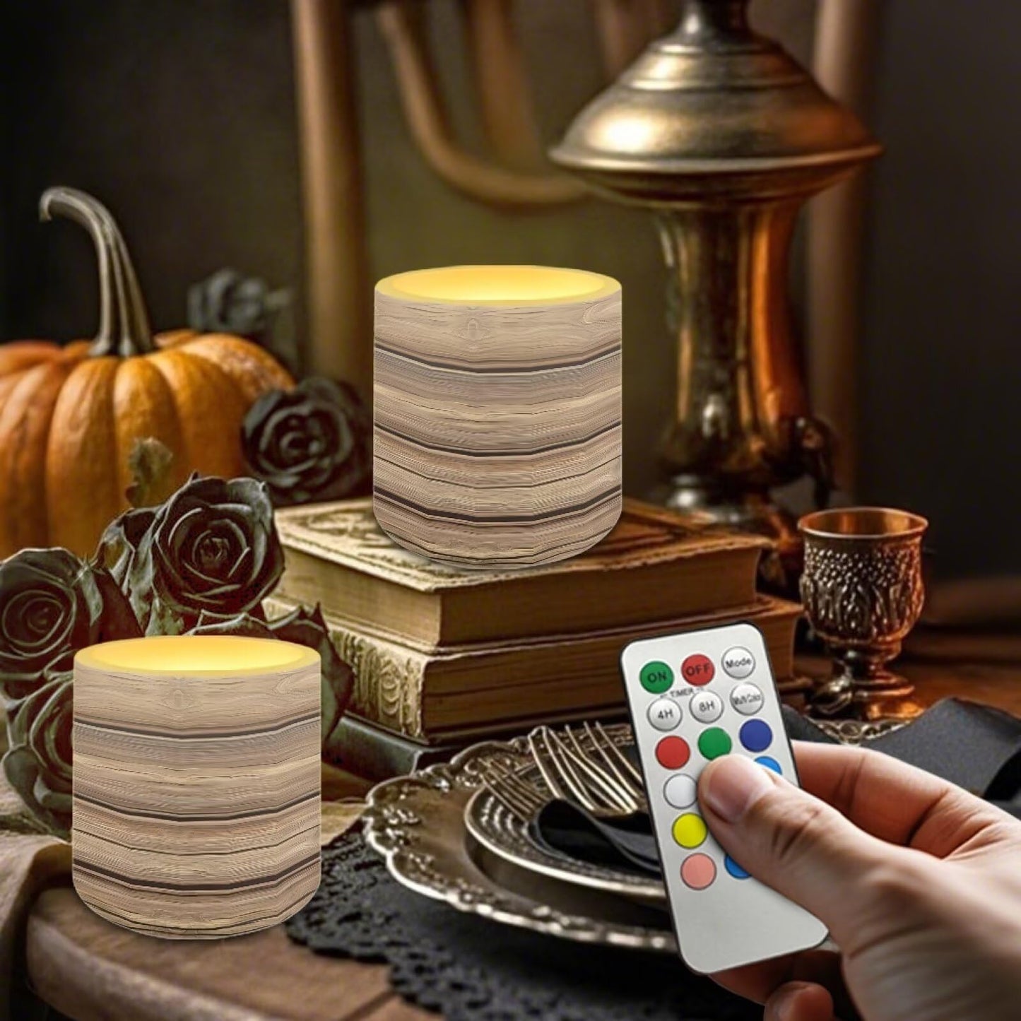 Cozeyat Bamboo Flameless Candles 4 Pack Battery Operated with Remote Control Timer LED Pillar Candles Waterproof for Indoor Outdoor