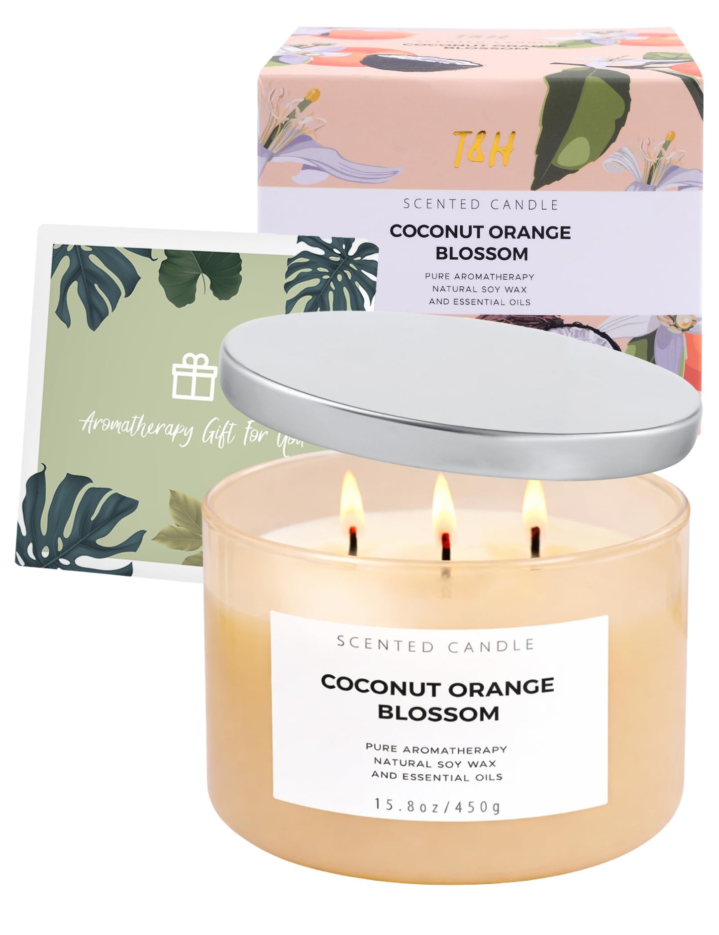 Coconut Orange Blossom Candle | 3-Wick Large Soy Candle 15.8 oz | Creamy Tropical Citrus Floral Scented Candles for Home | Strong Throw, Clean Burn Long Lasting | Aromatherapy Gift for Women