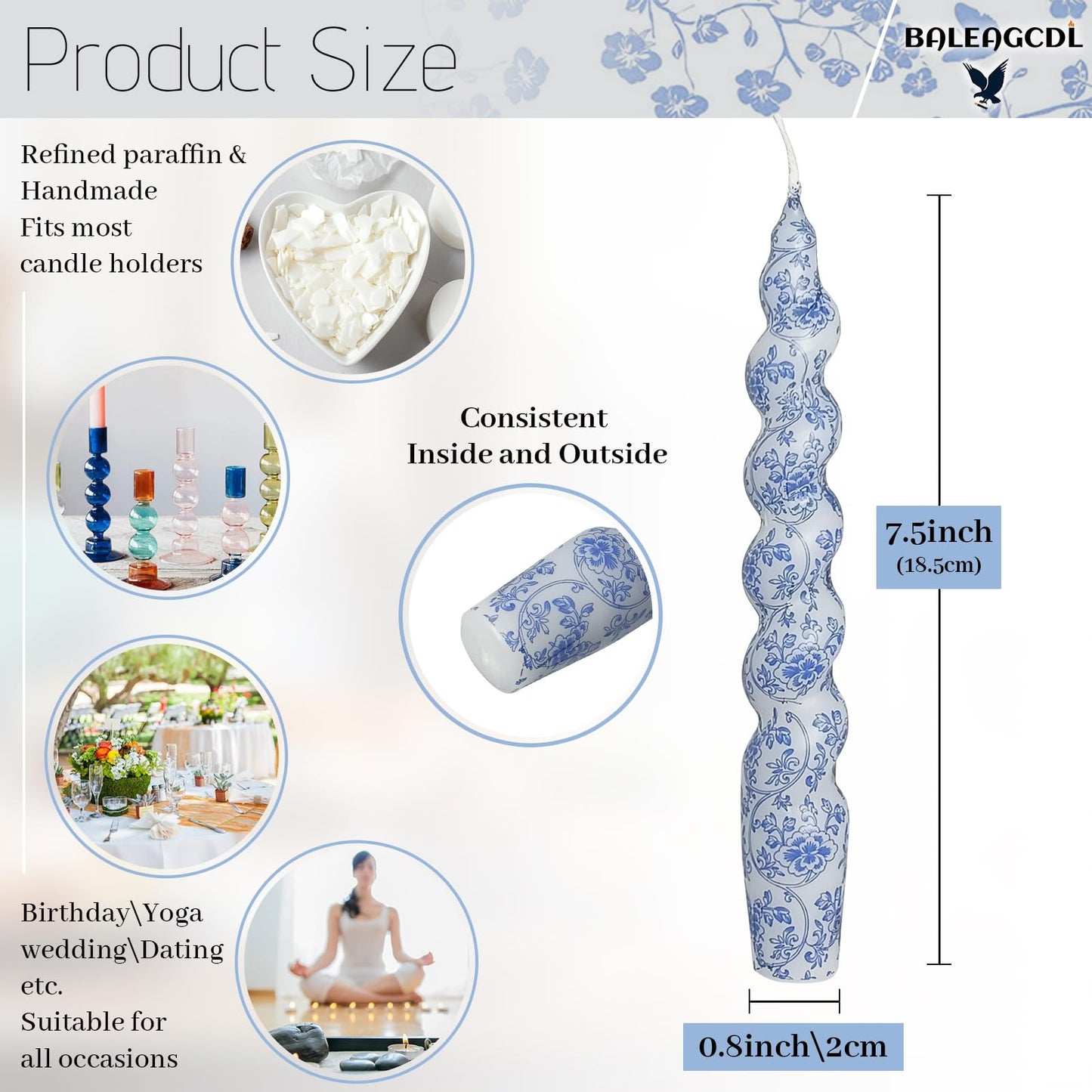 Printed Short Taper Candle Blue Floral Spiral Candlesticks Handmade 7.5 Inch Tapered Candles Smokeless Twisted Candle for Dinner Home Party Decor & Gifts - Set of 2