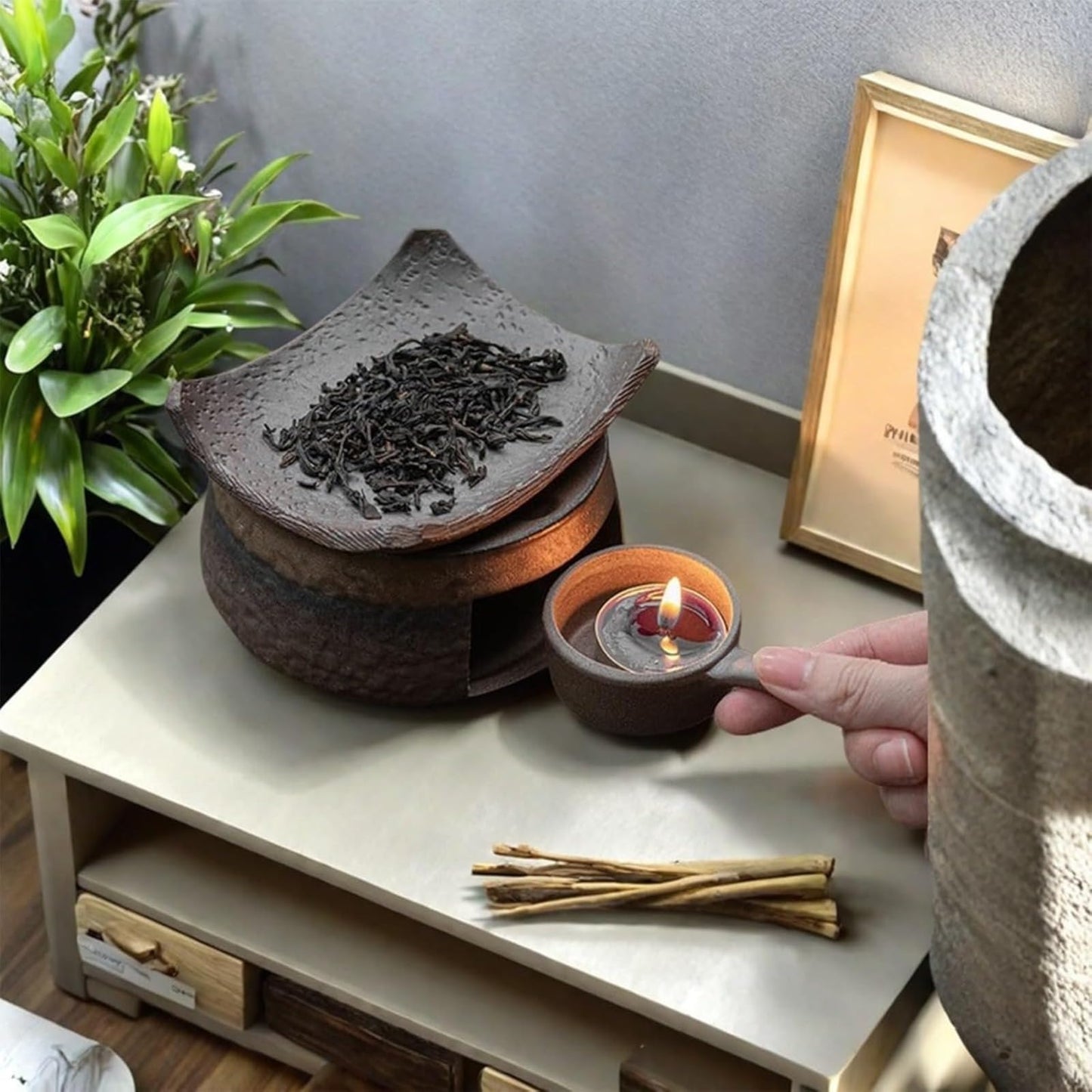 Ceramic Tea Stove Warmer Set, Aromatherapy Burner, Handmade Ceramic Candle Wax Melts Warmer with Tealight Holder, for Meditation (B)