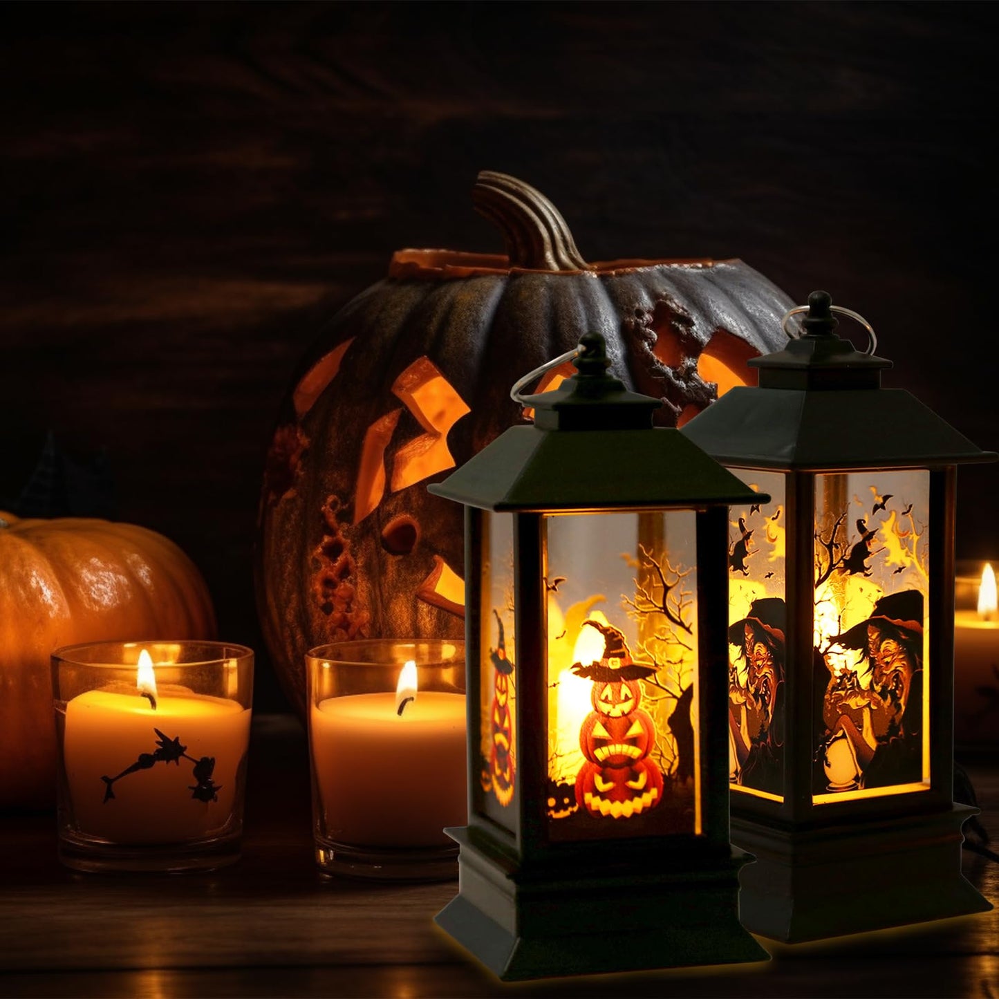 2 Pieces Halloween Lanterns Decoration 5.1" Height Retro Hanging Lamp Halloween Witch Flameless Candle Holder with Transparent Pumpkins Lantern Gift for Home Trick or Treat Party Supplies